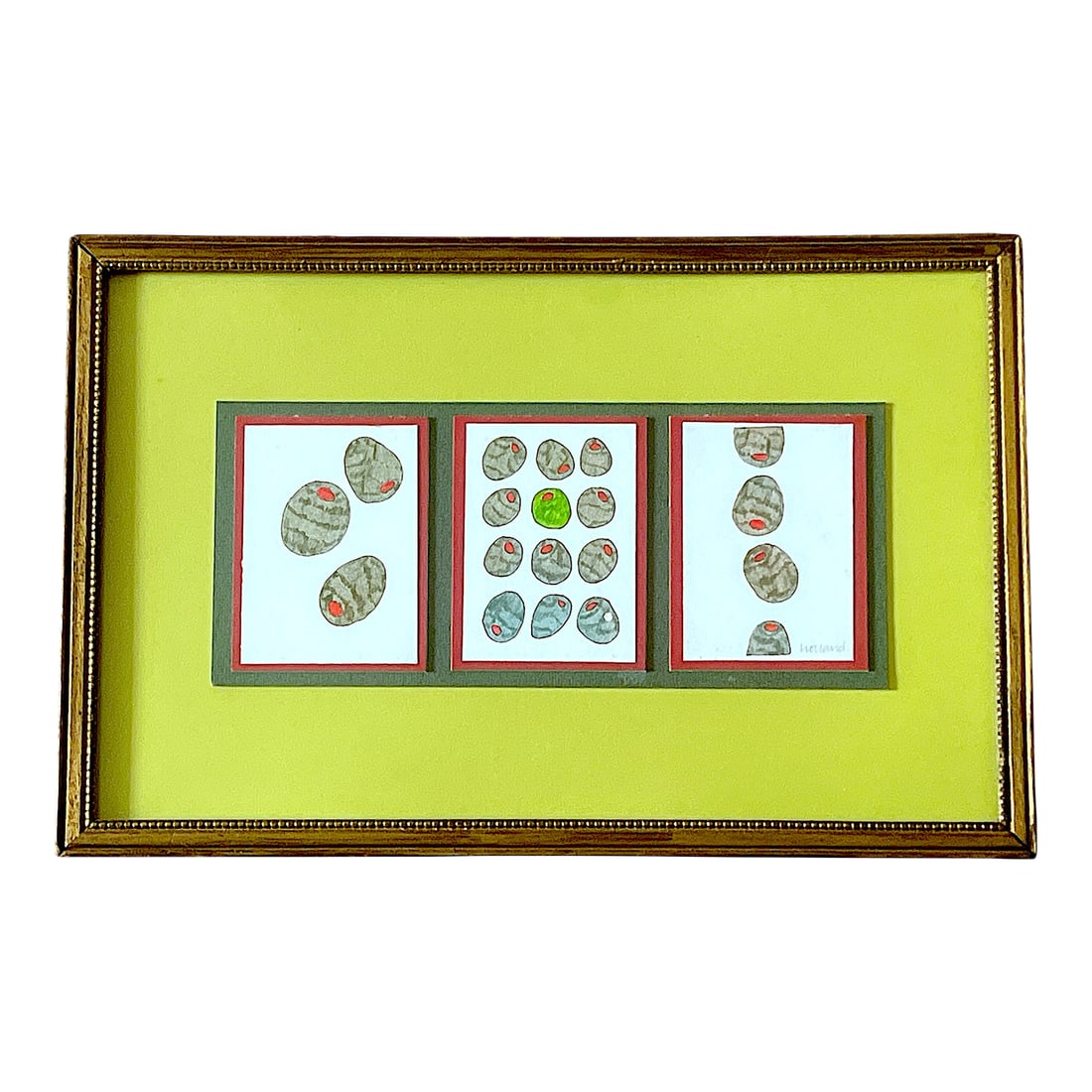 Contemporary Pen & Ink Drawing Olive Triptych Signed Original in Vintage Giltwood Frame - 11" X 7.5": Charming, witty, and delightfully graphic suited for the martini lover. This contemporary pen and ink triptych features three small compositions of olives-each one individually rendered with hand-colo