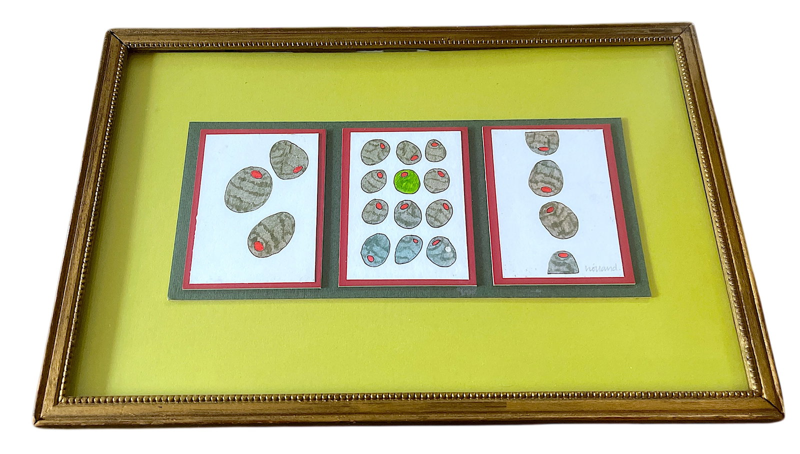 Contemporary Pen & Ink Drawing Olive Triptych Signed Original in Vintage Giltwood Frame - 11" X 7.5" - 2