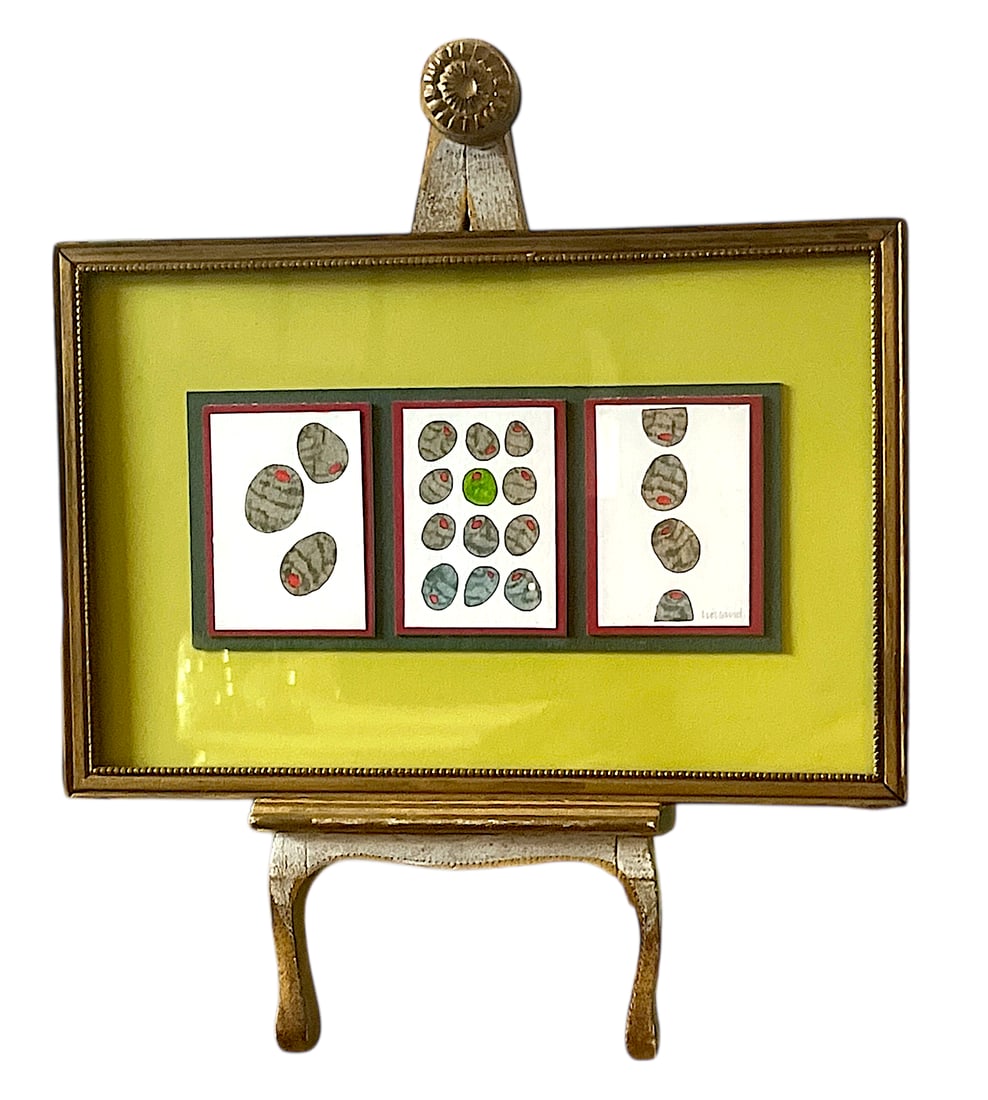 Contemporary Pen & Ink Drawing Olive Triptych Signed Original in Vintage Giltwood Frame - 11" X 7.5" - 3