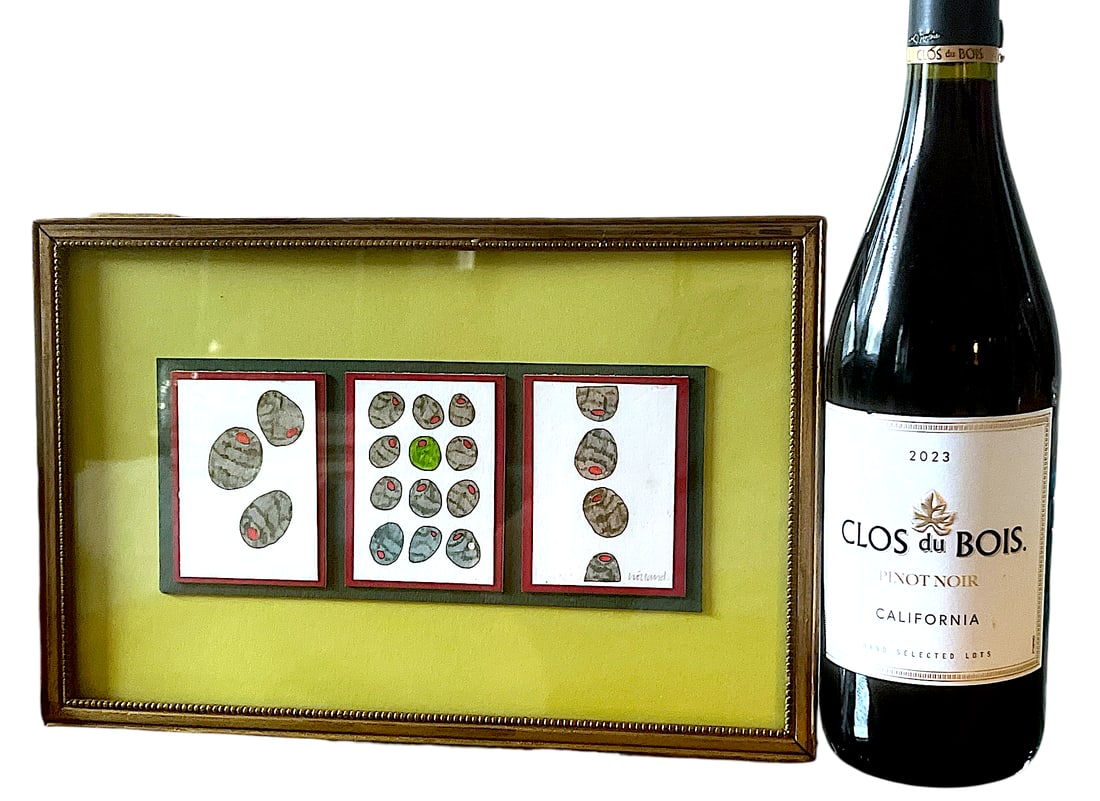 Contemporary Pen & Ink Drawing Olive Triptych Signed Original in Vintage Giltwood Frame - 11" X 7.5" - 4