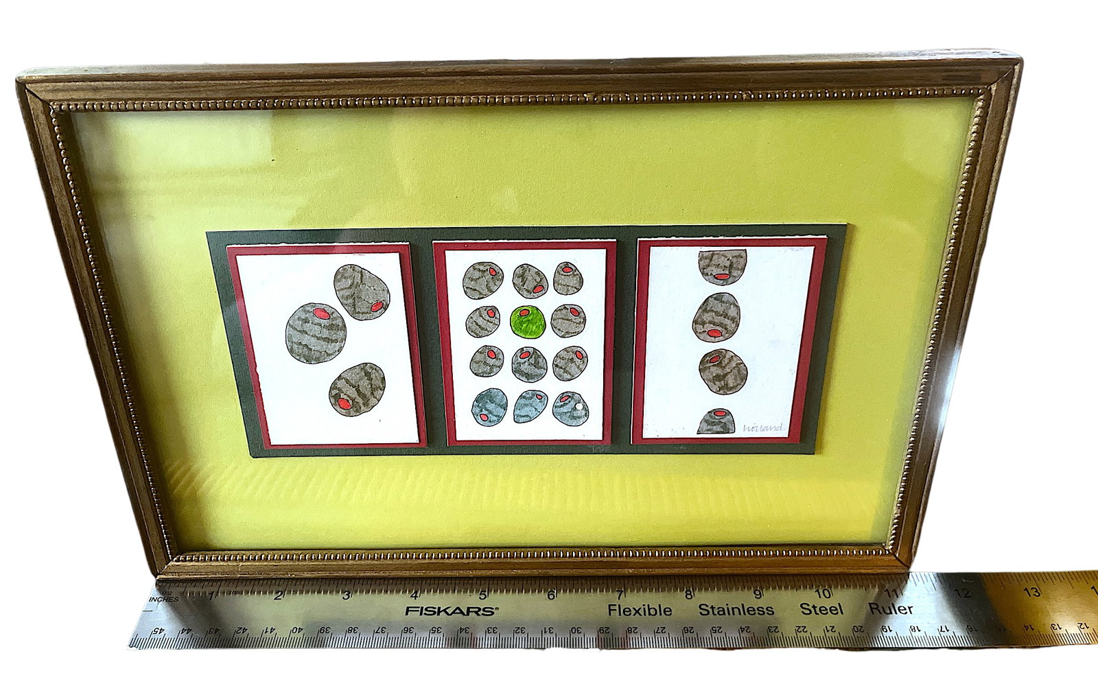Contemporary Pen & Ink Drawing Olive Triptych Signed Original in Vintage Giltwood Frame - 11" X 7.5" - 5