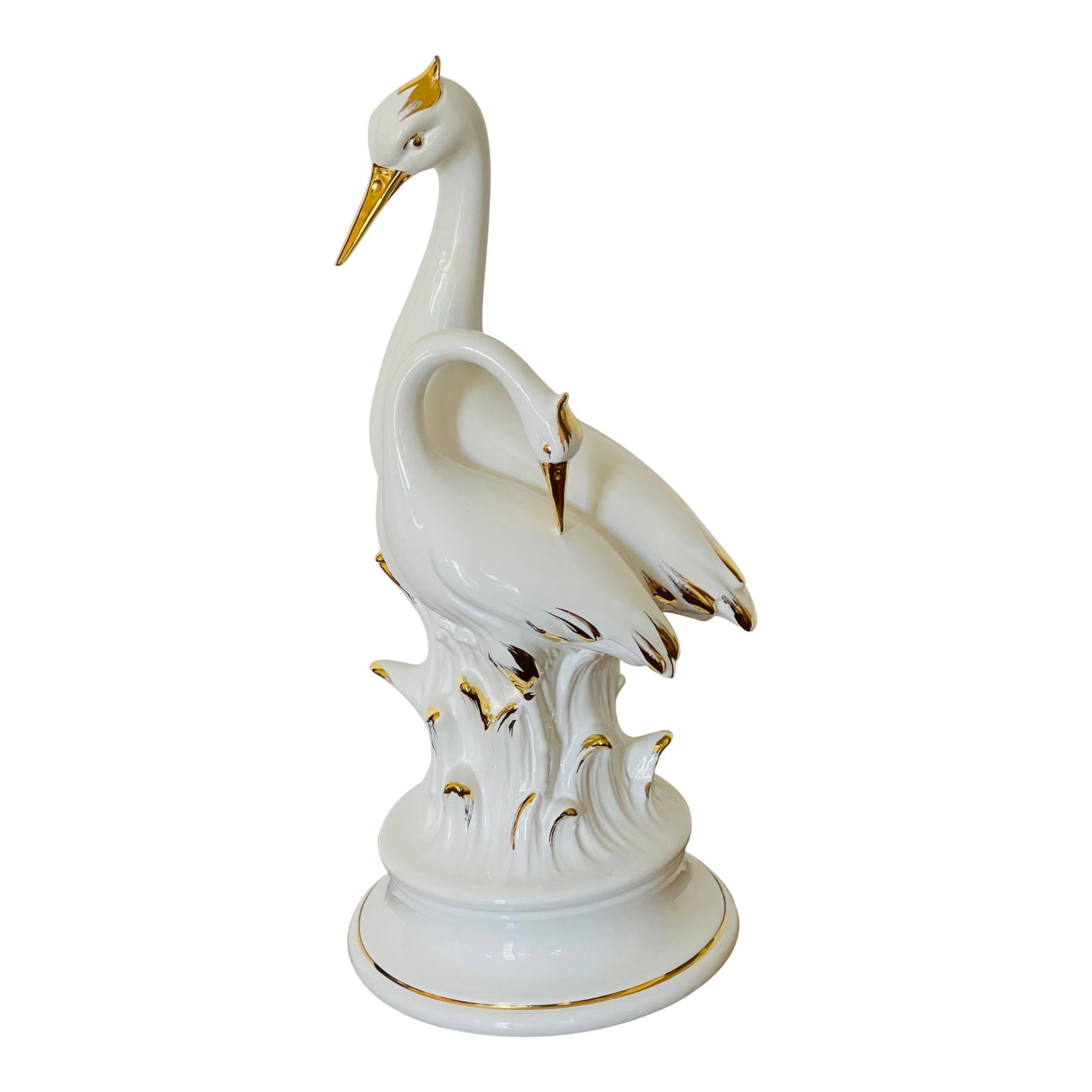 Fabulous Mid 20 Th C Italian Ceramic Sculpture Two Herons: Splendid mic 20 th c made in Italy glazed ceramic sculpture of a couple of heron birds. White glazed ceramic with gold accents. Condition: Alterations: Original Condition Unaltered Imperfections: