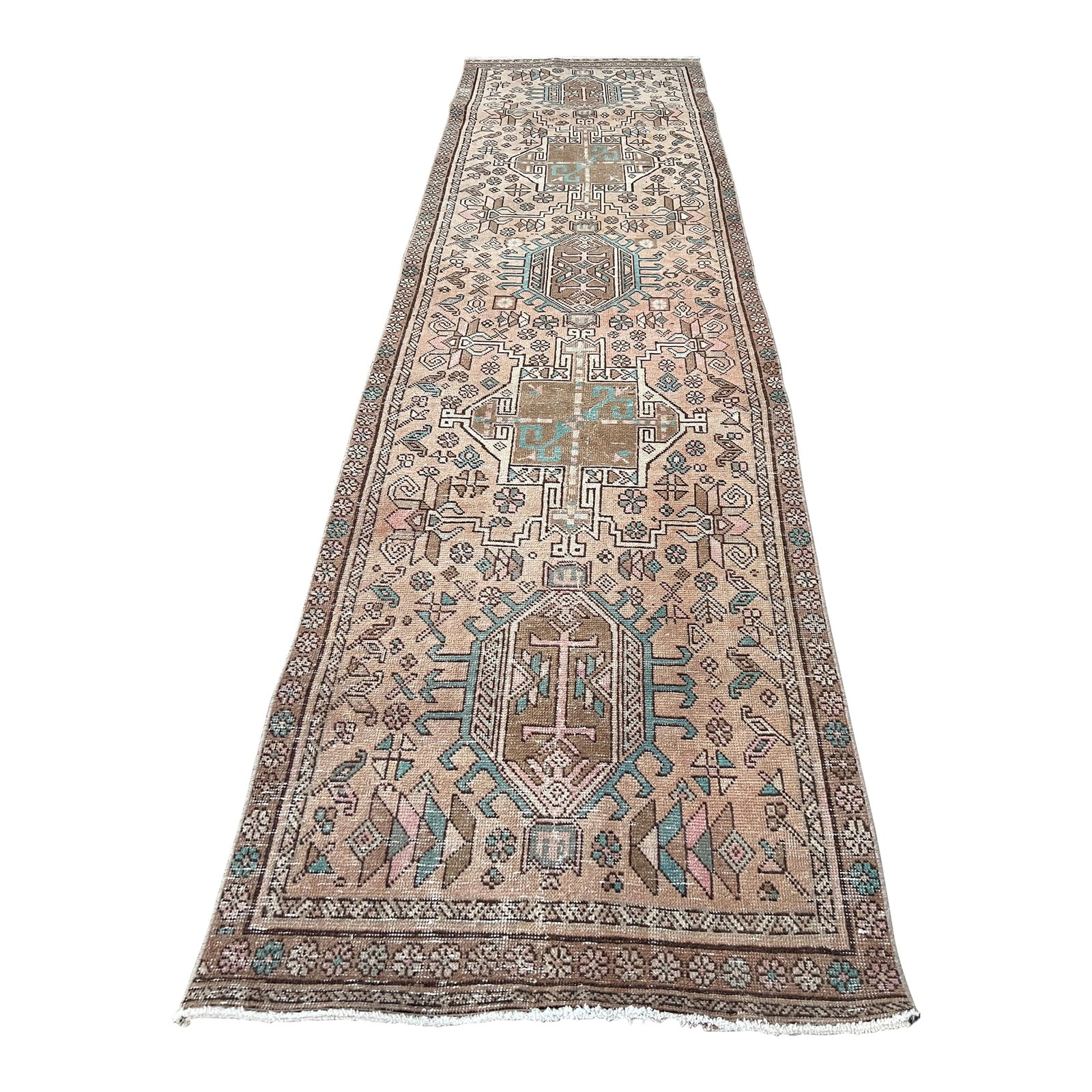 Vintage Persian Heriz Handmade Geometric Pattern Wool Runner: All rugs have been professionally cleaned; original condition is not altered, age-related wear is considered normal in these unique, hand woven vintage rugs. It is common for slight variations in wear