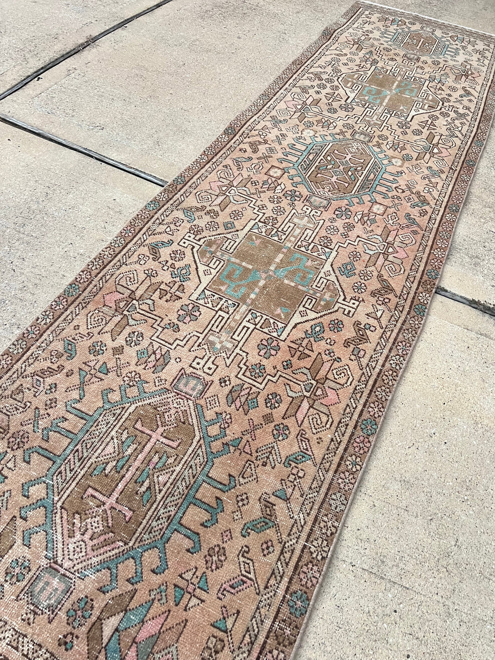 Vintage Persian Heriz Handmade Geometric Pattern Wool Runner - 2