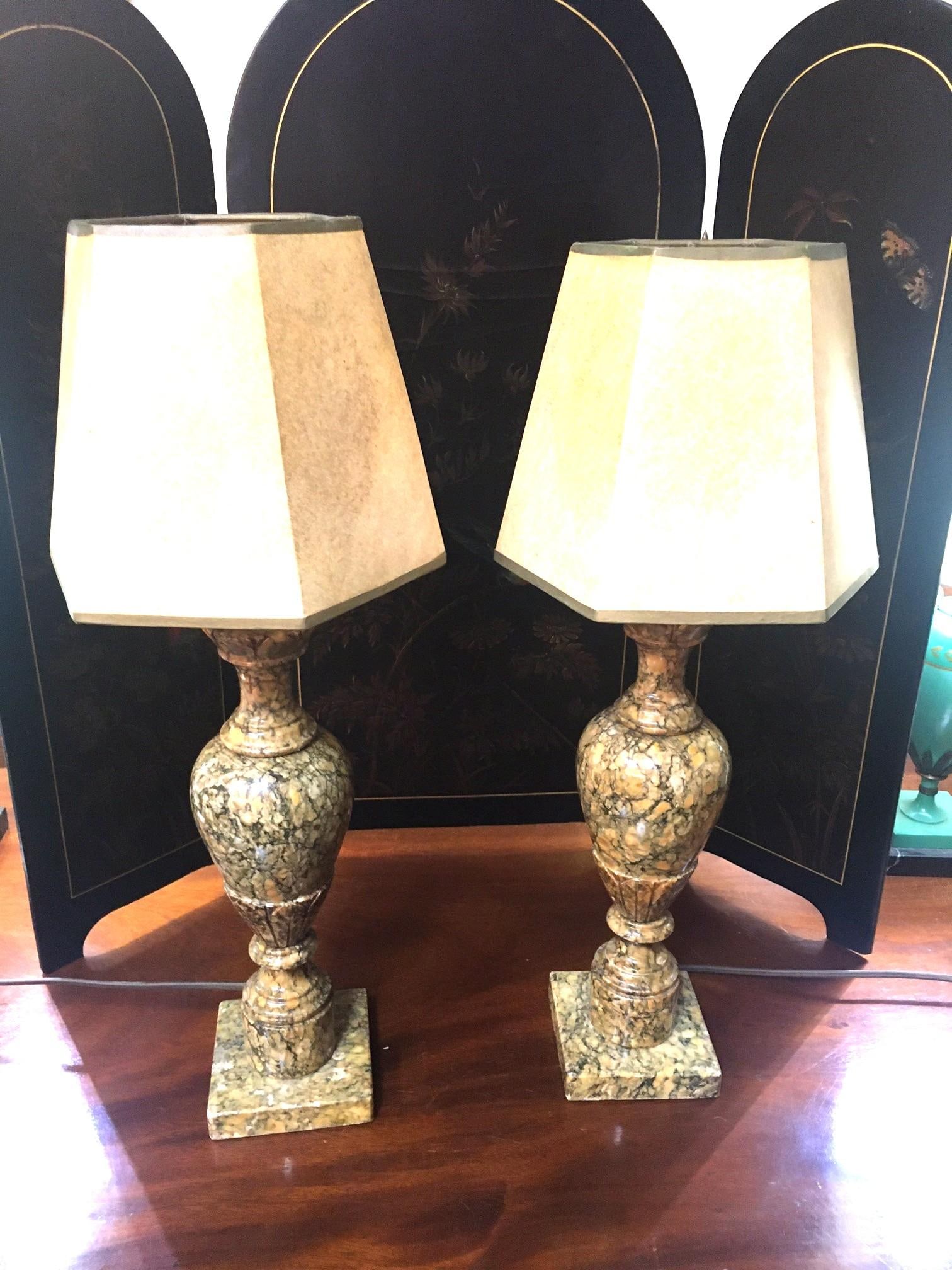 Antique Italian Polished Pink and Black Marble Petite Table Lamp Pair - 2