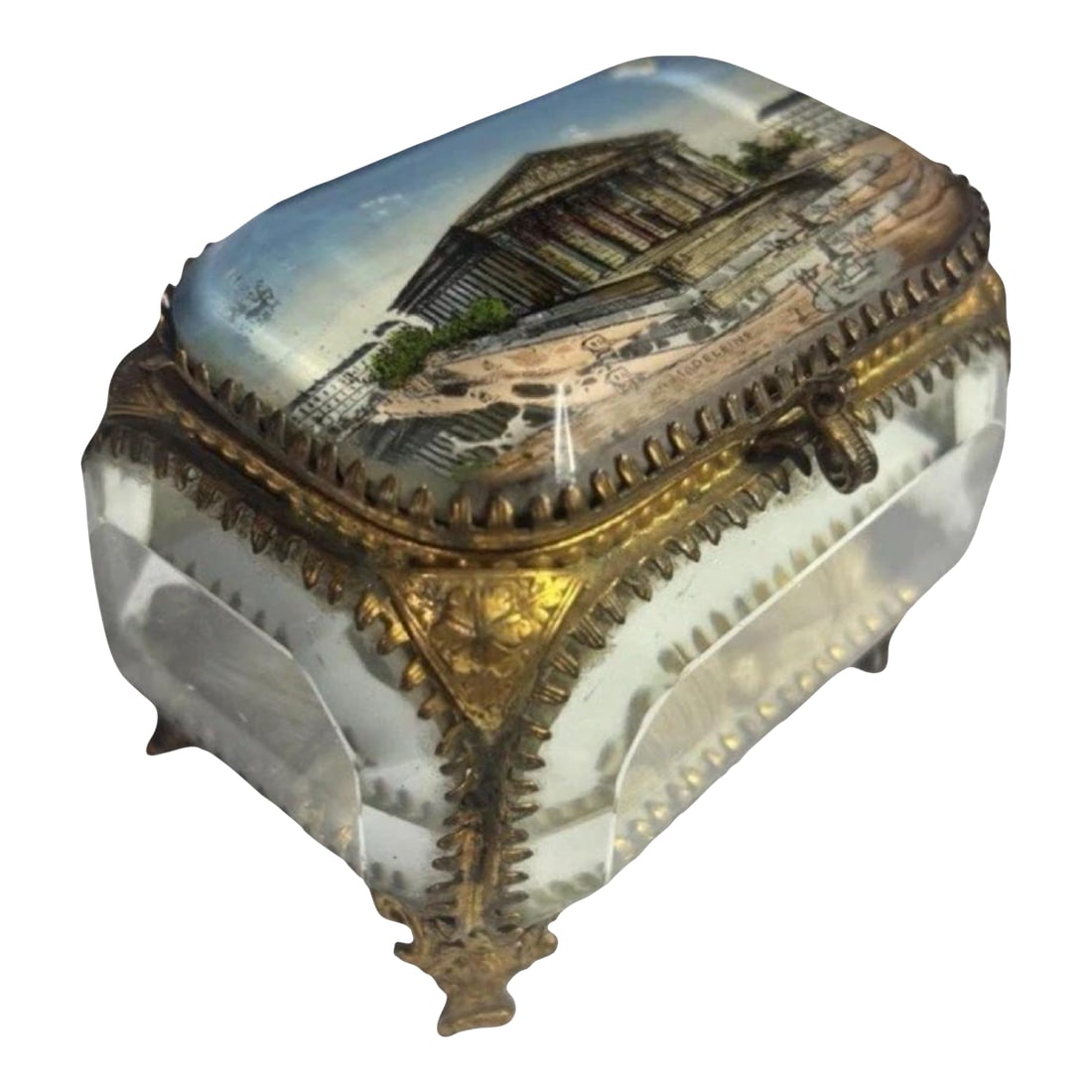 La Madeleine Scene Antique Paris Souvenir Glass Jewelry Box Casket, C. 1900: A Belle Epoque jewel box with a window onto La Madeleine, c. 1900. A rare and beautifully preserved Belle Epoque French glass casket featuring a hand-tinted view of L'Eglise de la Madeleine, one of Pa