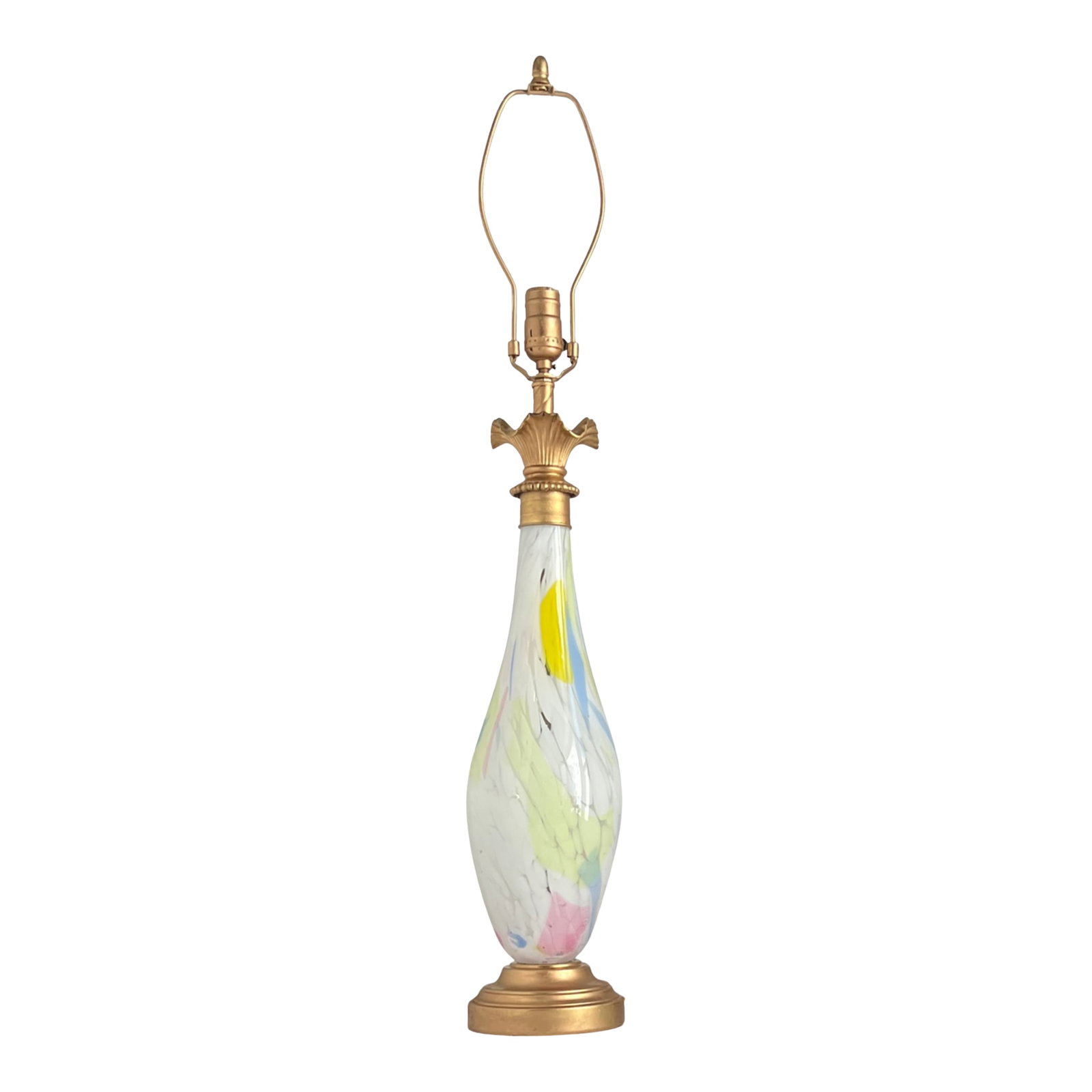 Murano Style Art Glass Candy Wrapper Confetti Table Lamp: This 34-inch-tall lamp is a fusion of hand-blown Murano style glass and vintage brass-toned lamp parts to craft a refined, elongated silhouette that evokes classical beauty. Its body gently tapers fro