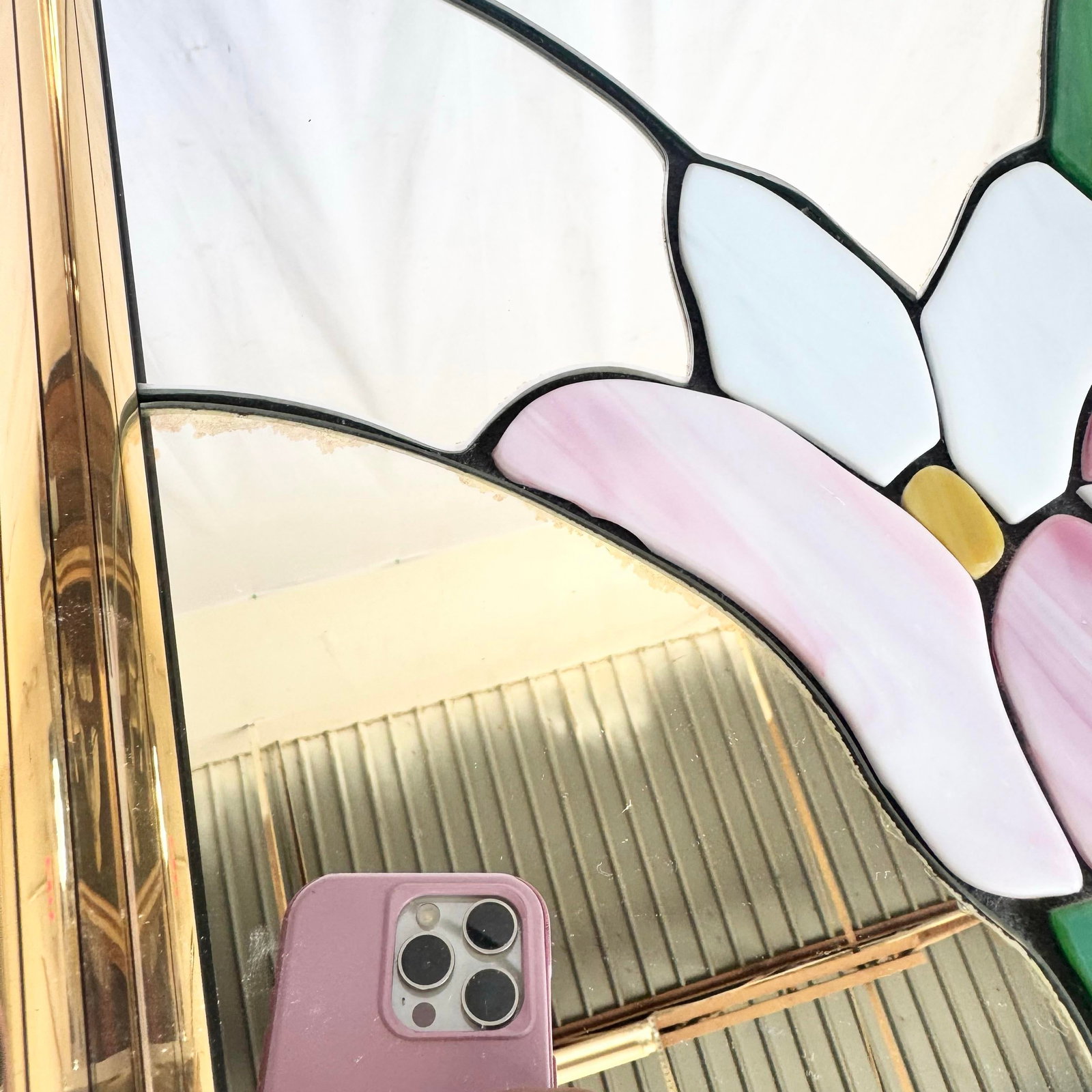 Postmodern Lily Flower Stained Glass Gold Frame Wall Mirror - 10