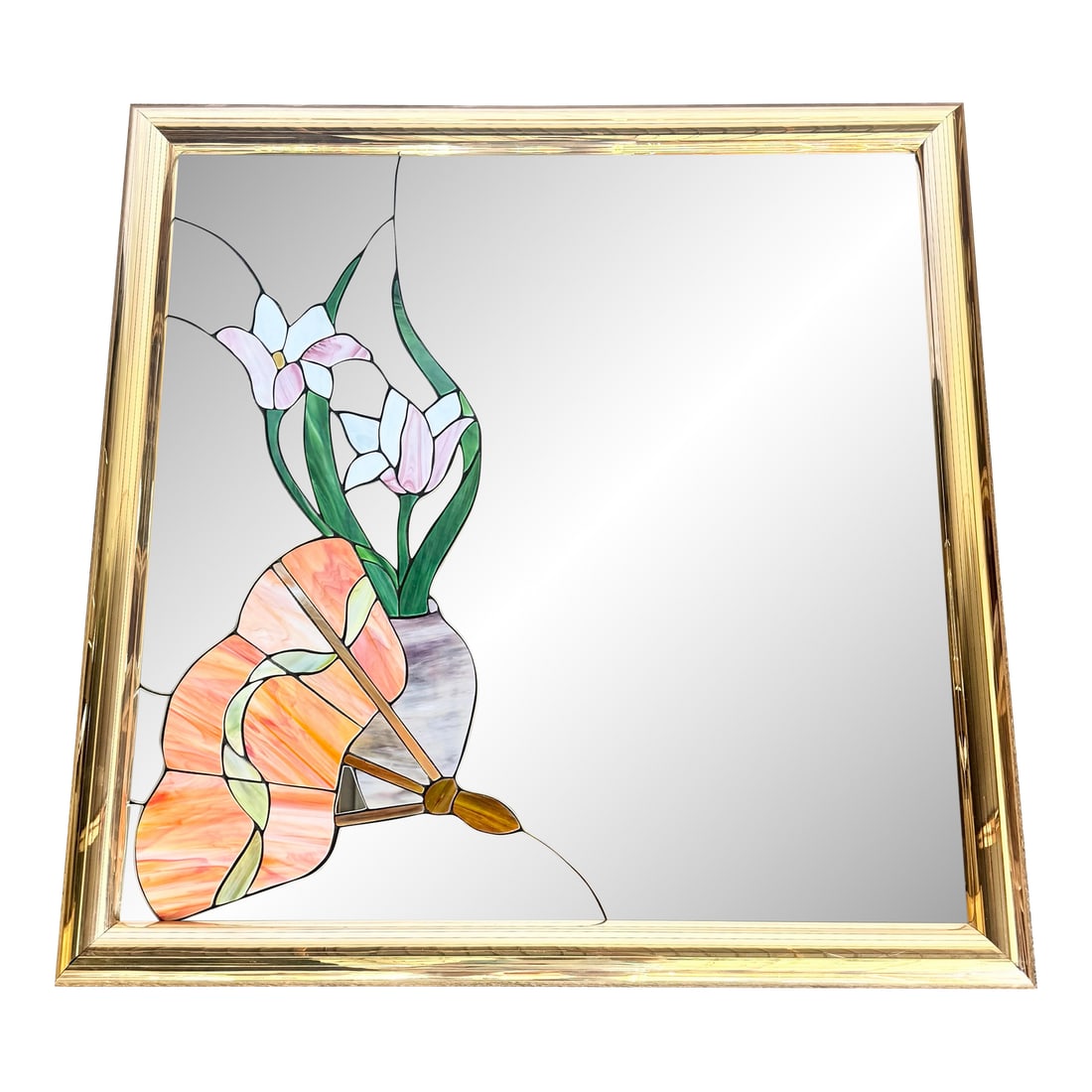 Postmodern Lily Flower Stained Glass Gold Frame Wall Mirror: This striking postmodern wall mirror features a hand-crafted stained glass lily motif set against a luminous mirrored ground, framed in a sculptural gold-tone border. Soft blush, ivory, and green glas