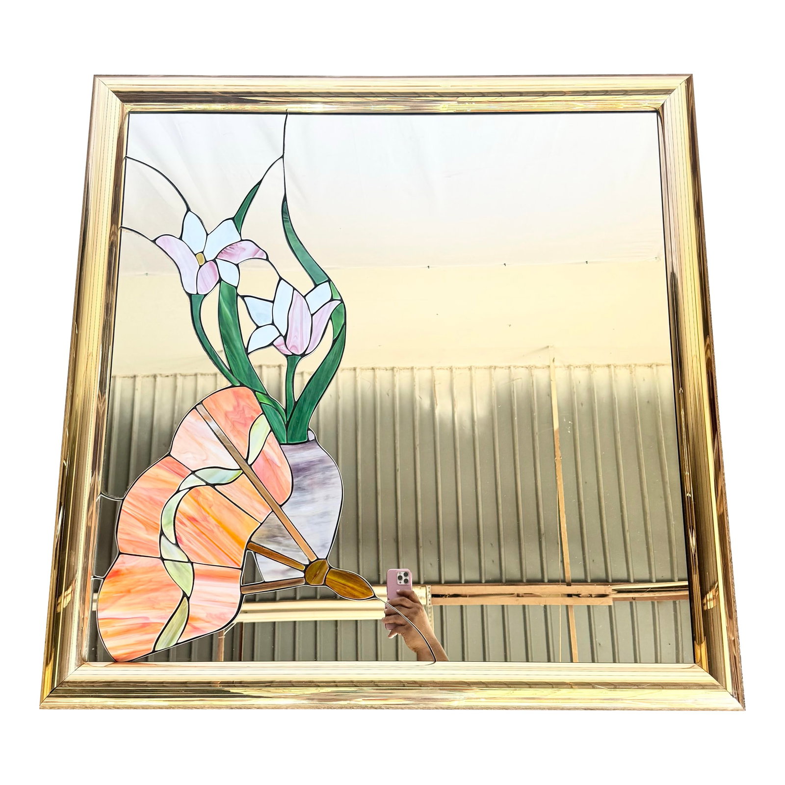 Postmodern Lily Flower Stained Glass Gold Frame Wall Mirror - 2