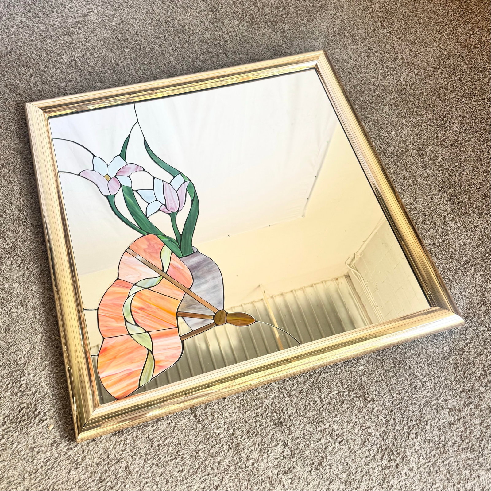 Postmodern Lily Flower Stained Glass Gold Frame Wall Mirror - 3