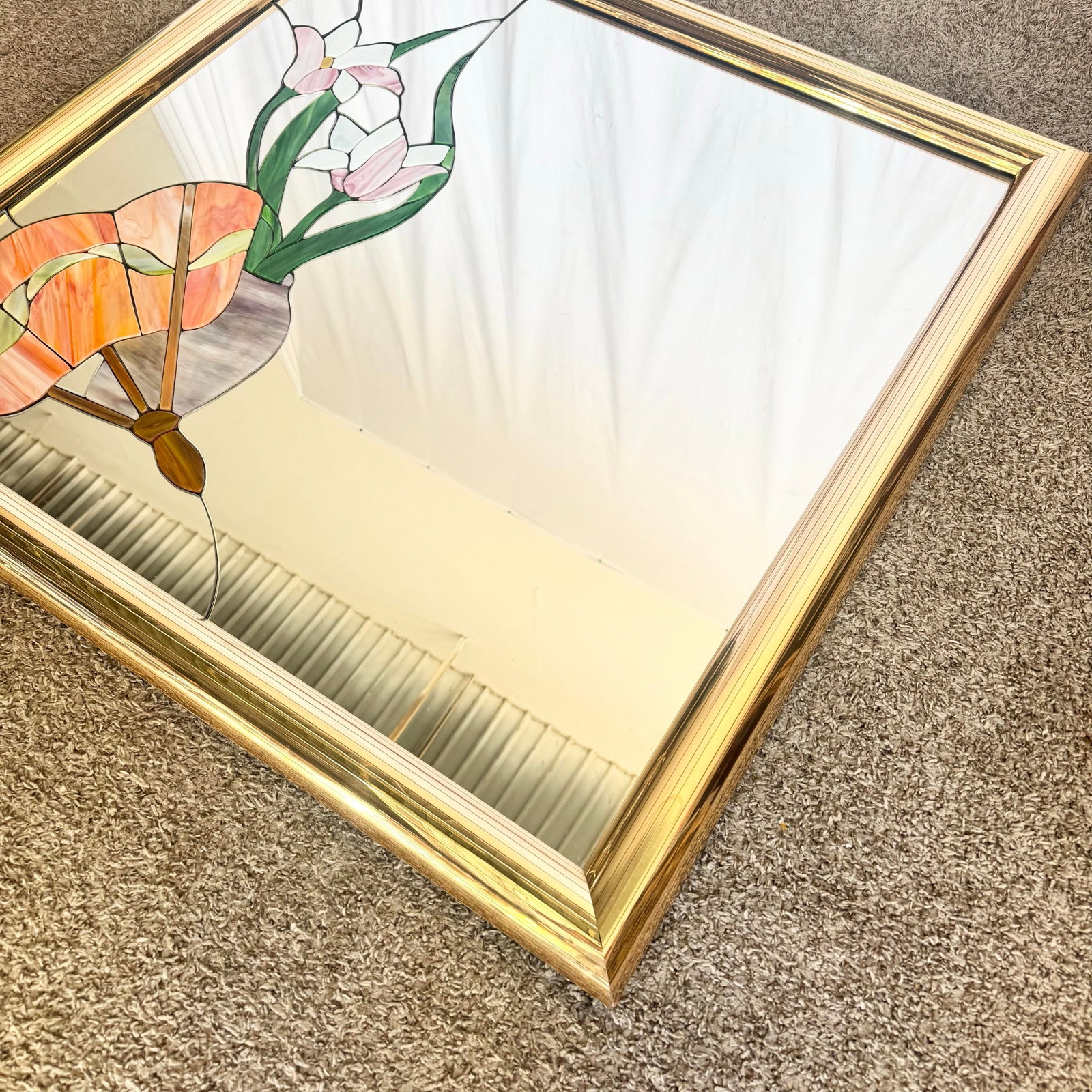 Postmodern Lily Flower Stained Glass Gold Frame Wall Mirror - 4