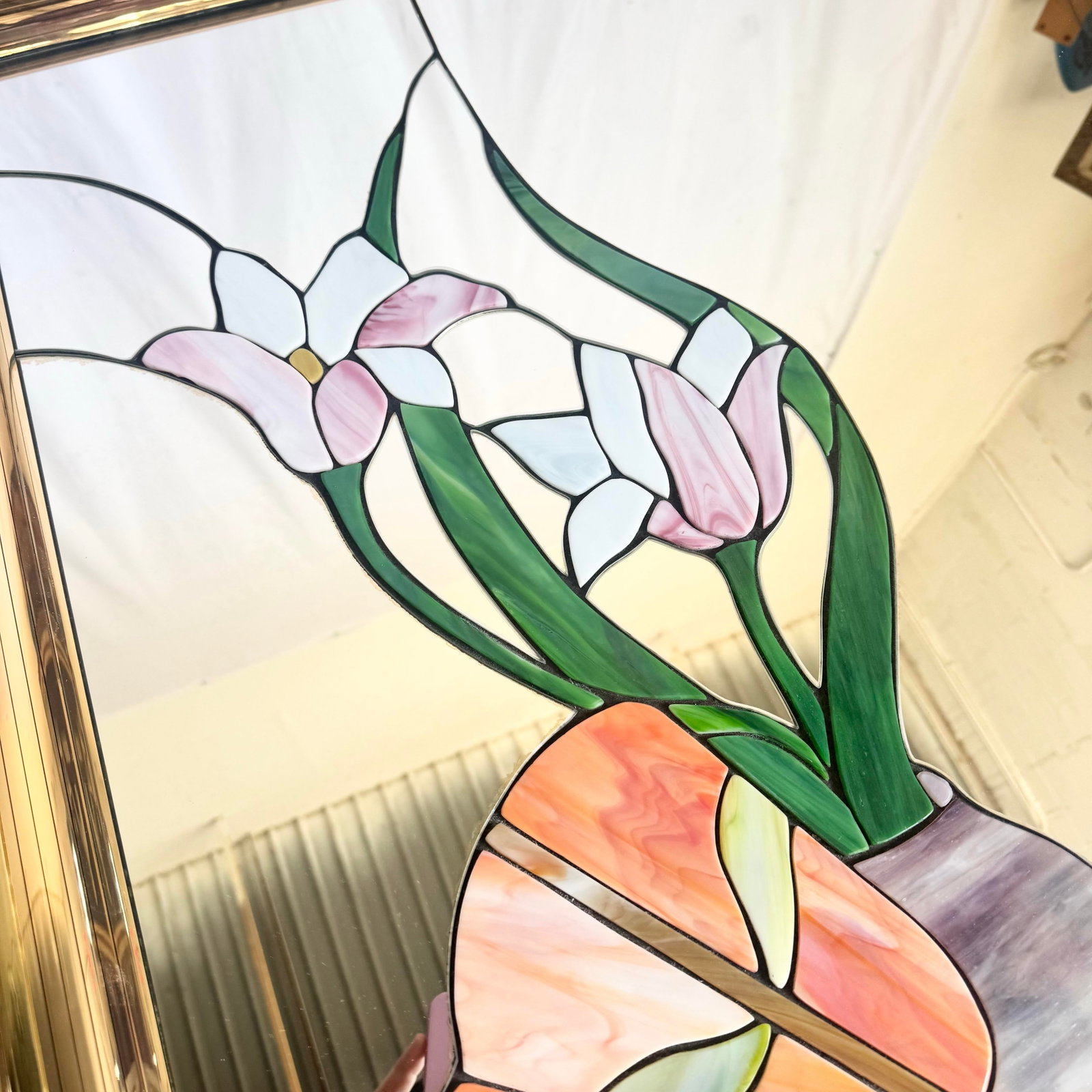 Postmodern Lily Flower Stained Glass Gold Frame Wall Mirror - 6