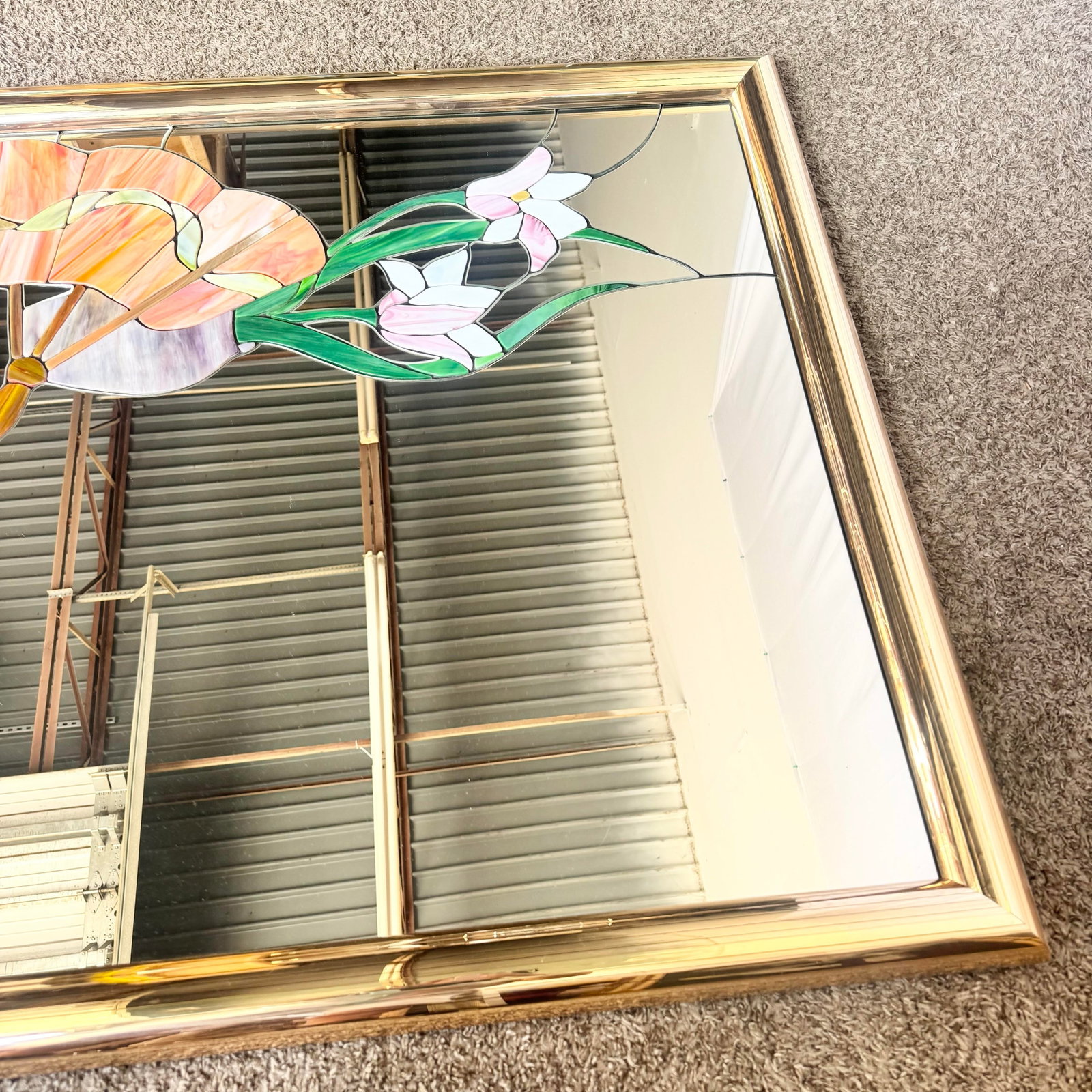 Postmodern Lily Flower Stained Glass Gold Frame Wall Mirror - 7