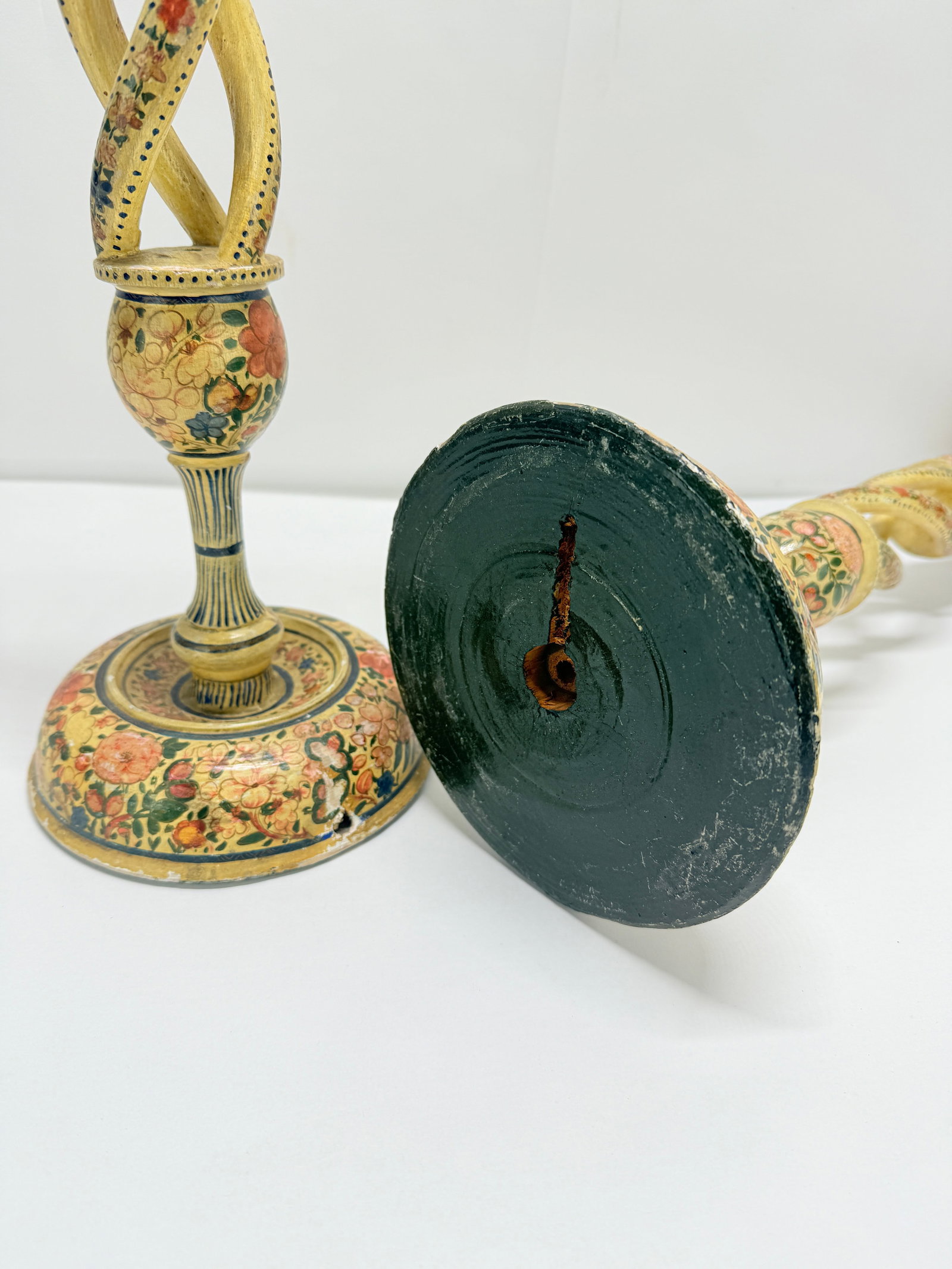 Pair of Antique Hand-Painted Kashmiri Spindle-Twist Candlesticks - 7