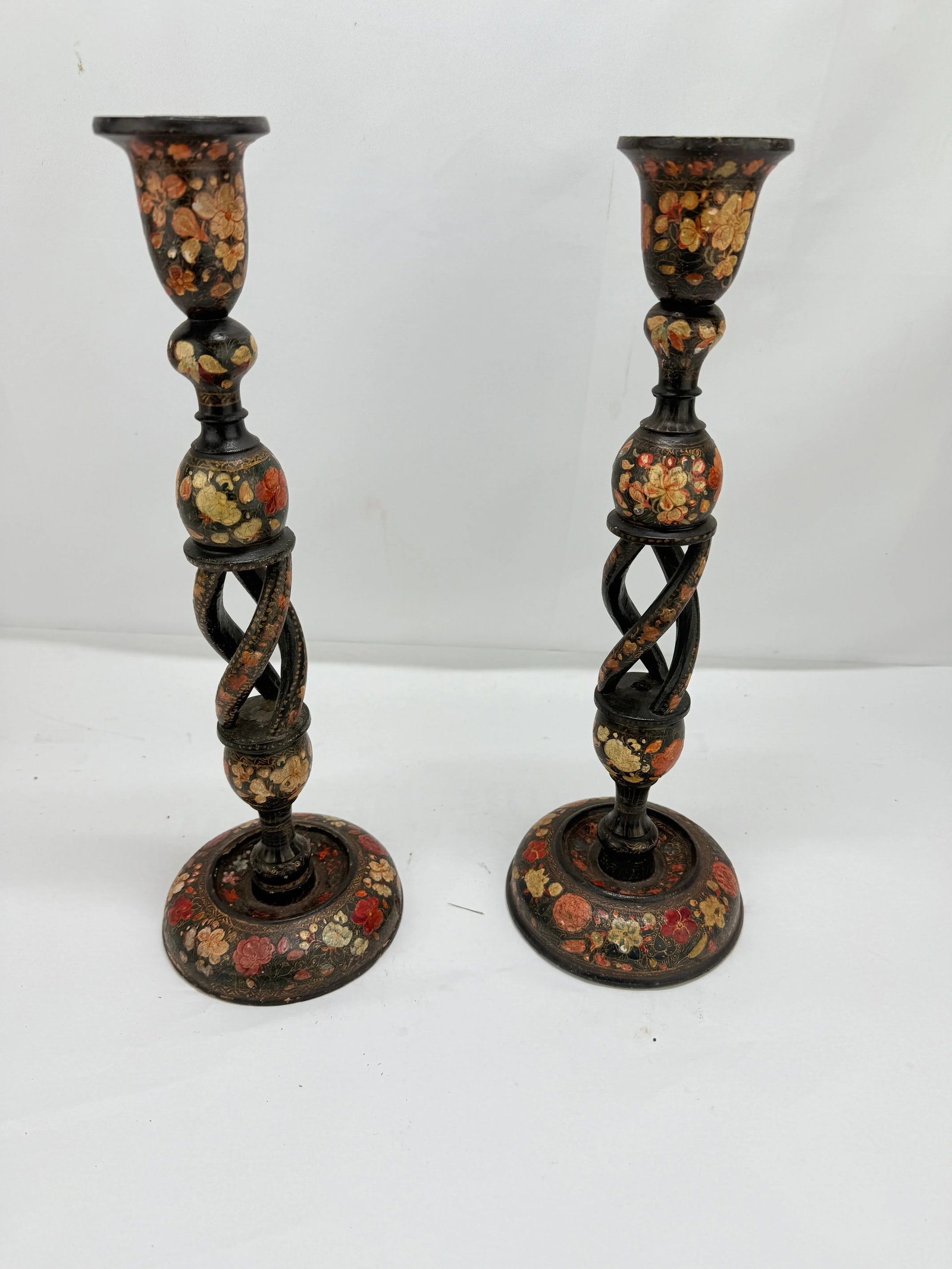 Pair, Antique Kashmiri Barley Twist Polychrome Decorated Candlesticks 16" - 10