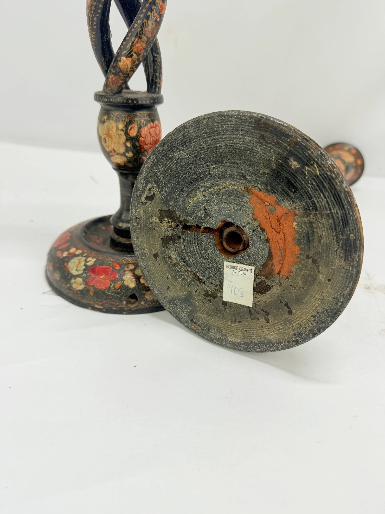 Pair, Antique Kashmiri Barley Twist Polychrome Decorated Candlesticks 16" - 11