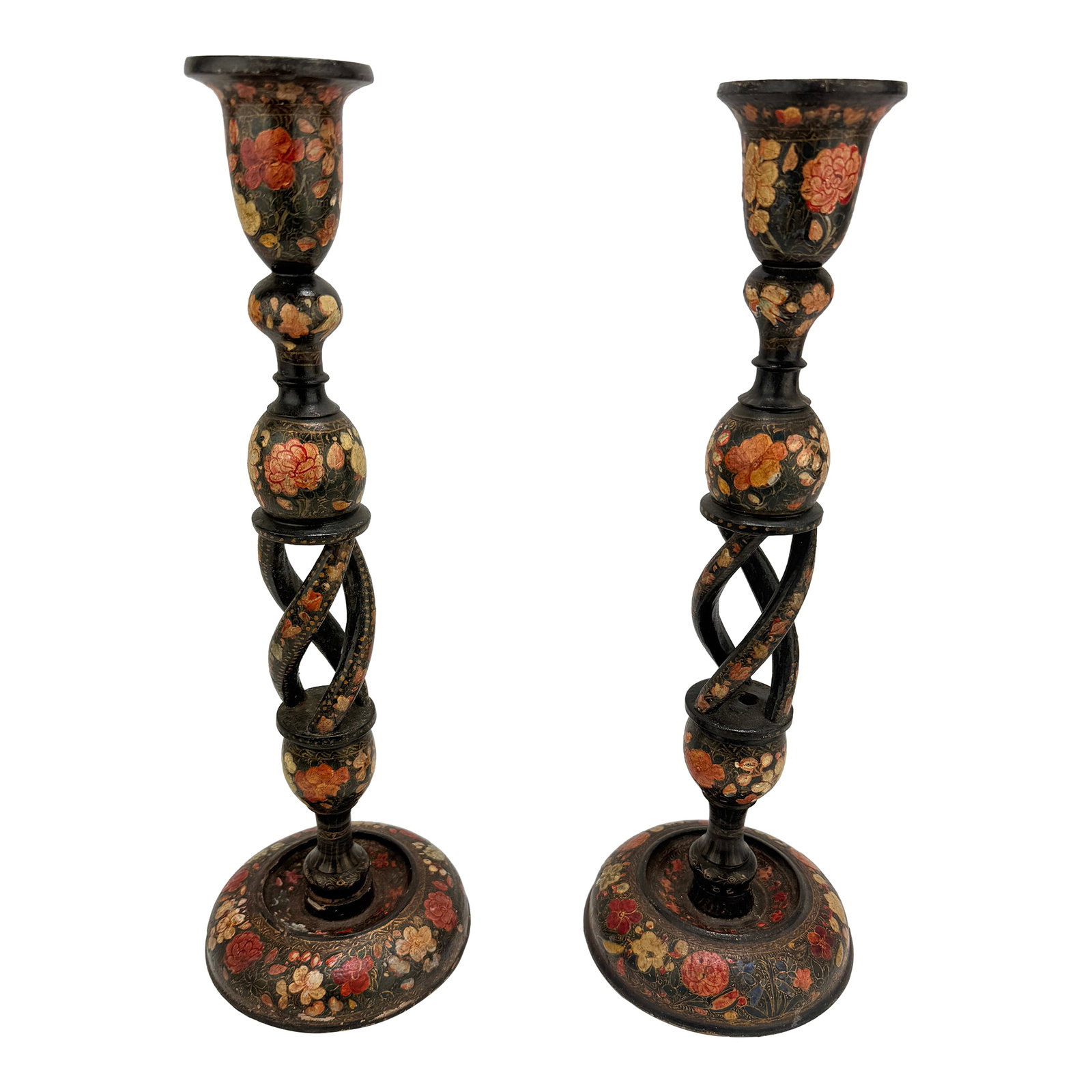 Pair, Antique Kashmiri Barley Twist Polychrome Decorated Candlesticks 16": A tall and decorative pair of Kashmiri papier-mache candlesticks, each rising 16 inches on a dished circular foot and swelling baluster, the stems boldly carved and laminated in the distinctive "barle