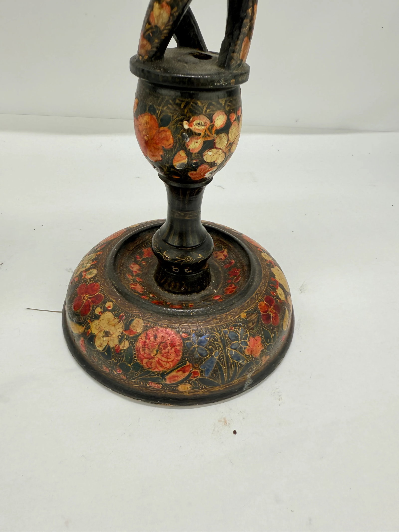Pair, Antique Kashmiri Barley Twist Polychrome Decorated Candlesticks 16" - 2