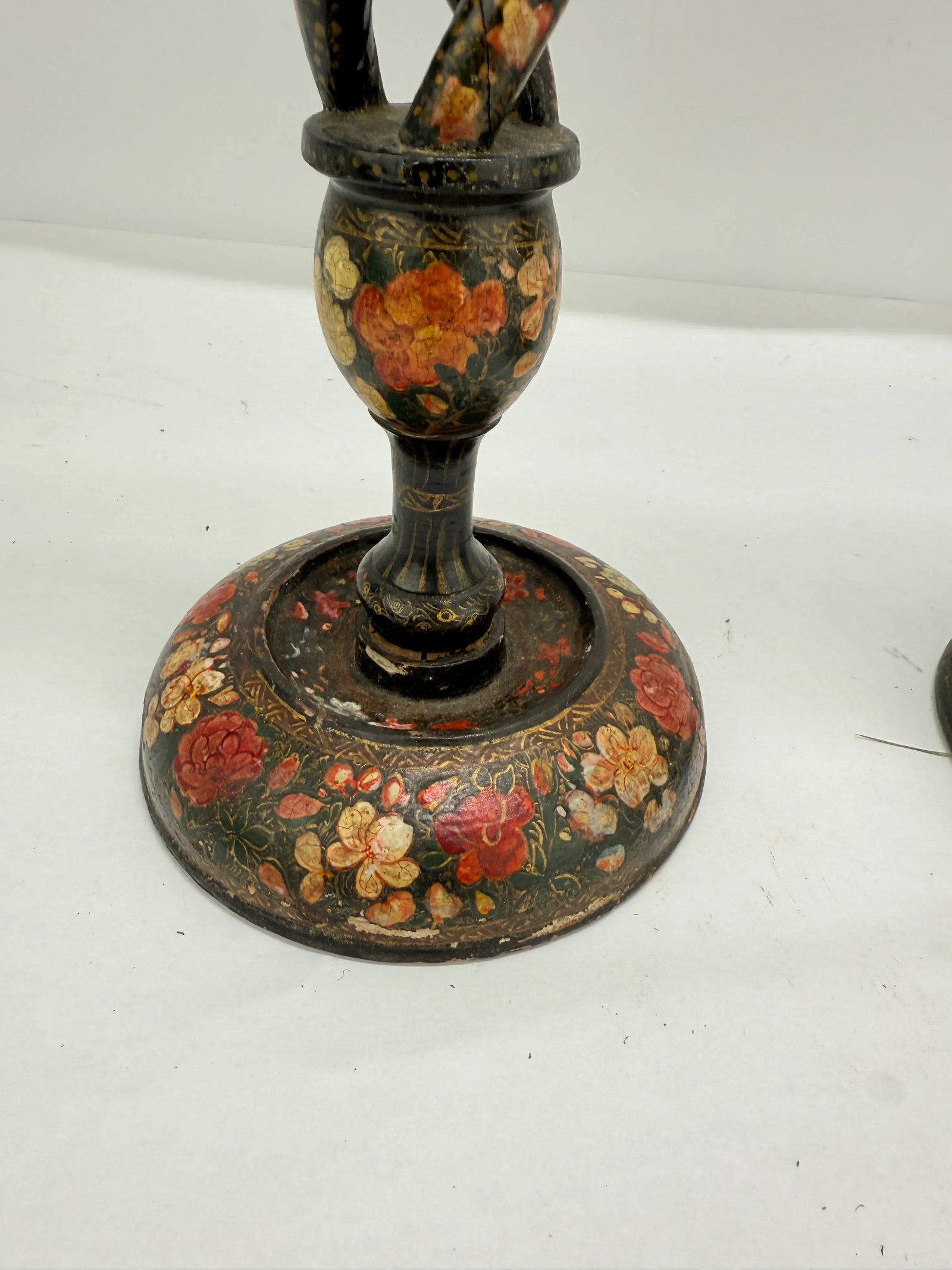Pair, Antique Kashmiri Barley Twist Polychrome Decorated Candlesticks 16" - 3