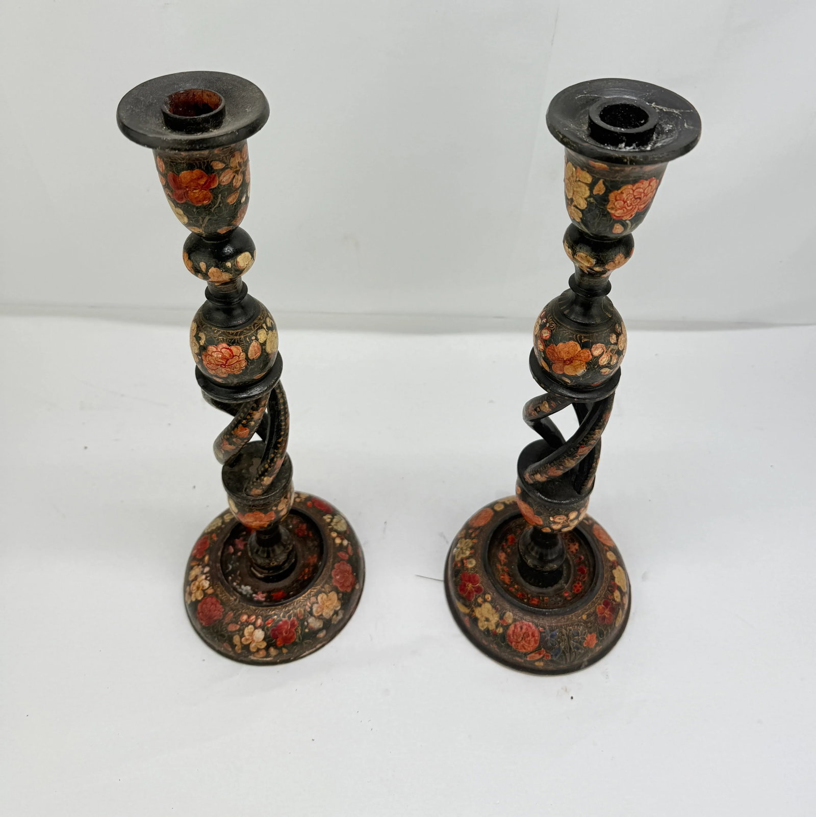Pair, Antique Kashmiri Barley Twist Polychrome Decorated Candlesticks 16" - 4