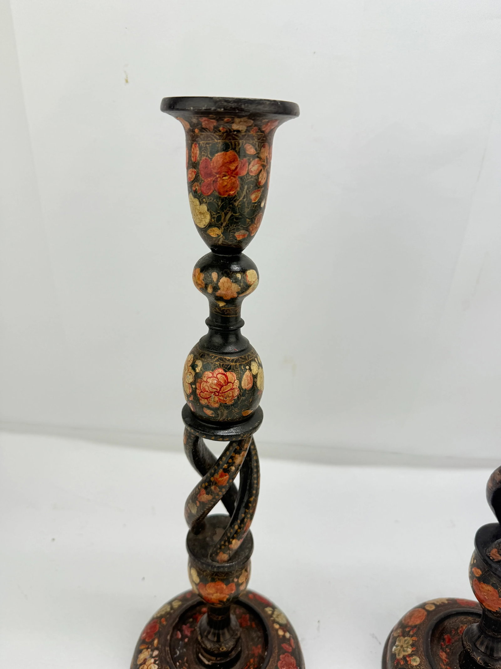 Pair, Antique Kashmiri Barley Twist Polychrome Decorated Candlesticks 16" - 5
