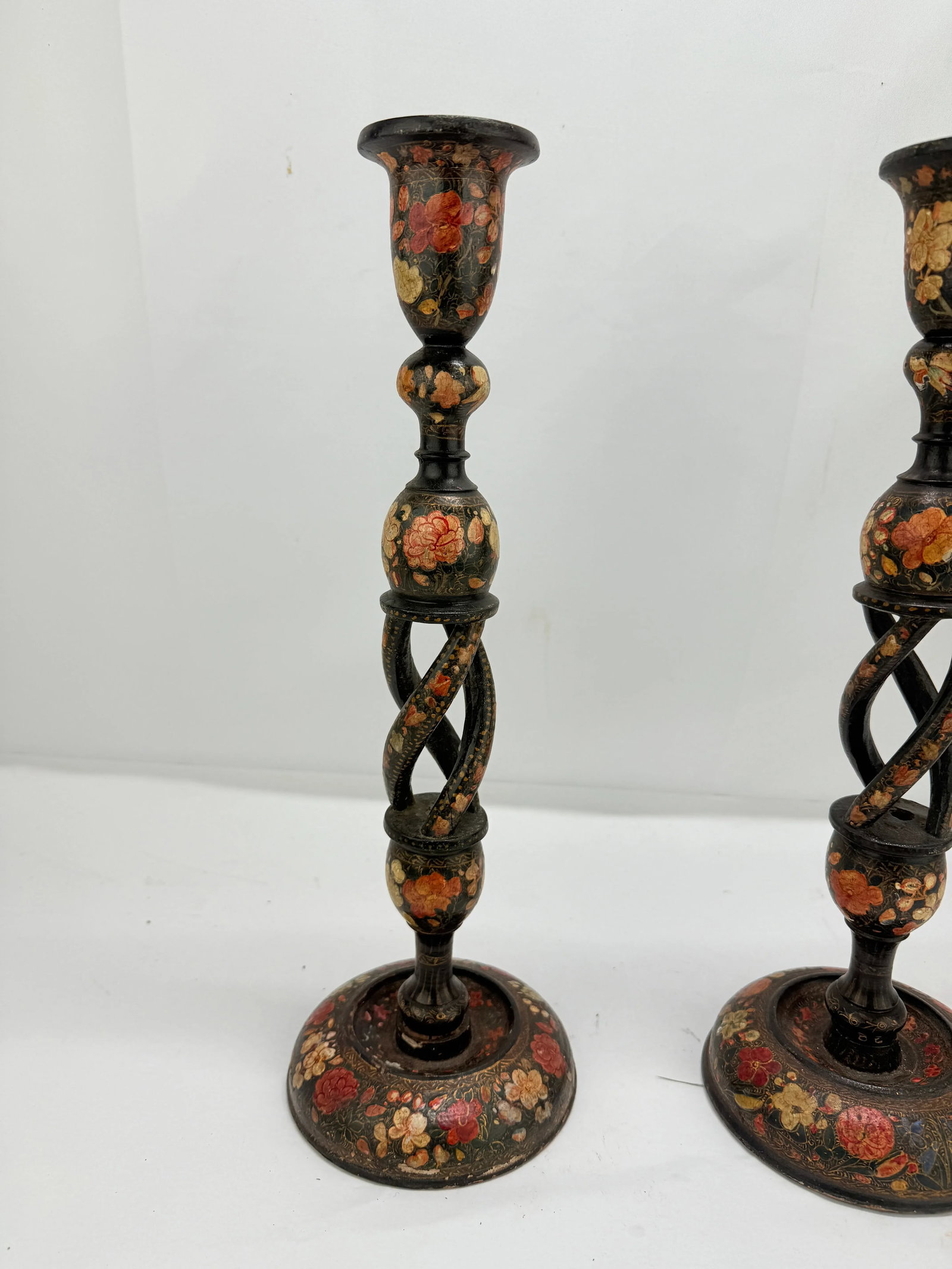 Pair, Antique Kashmiri Barley Twist Polychrome Decorated Candlesticks 16" - 6