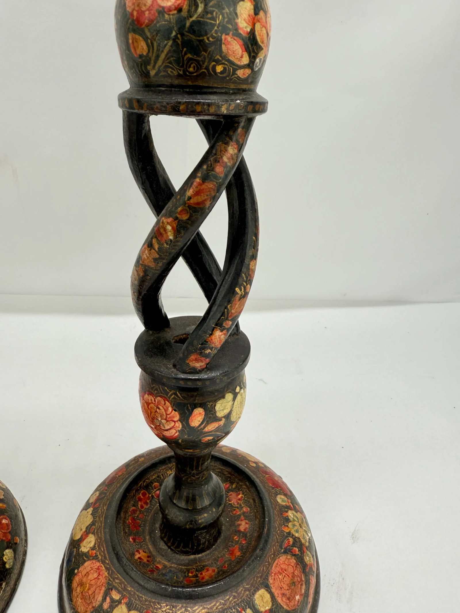 Pair, Antique Kashmiri Barley Twist Polychrome Decorated Candlesticks 16" - 7
