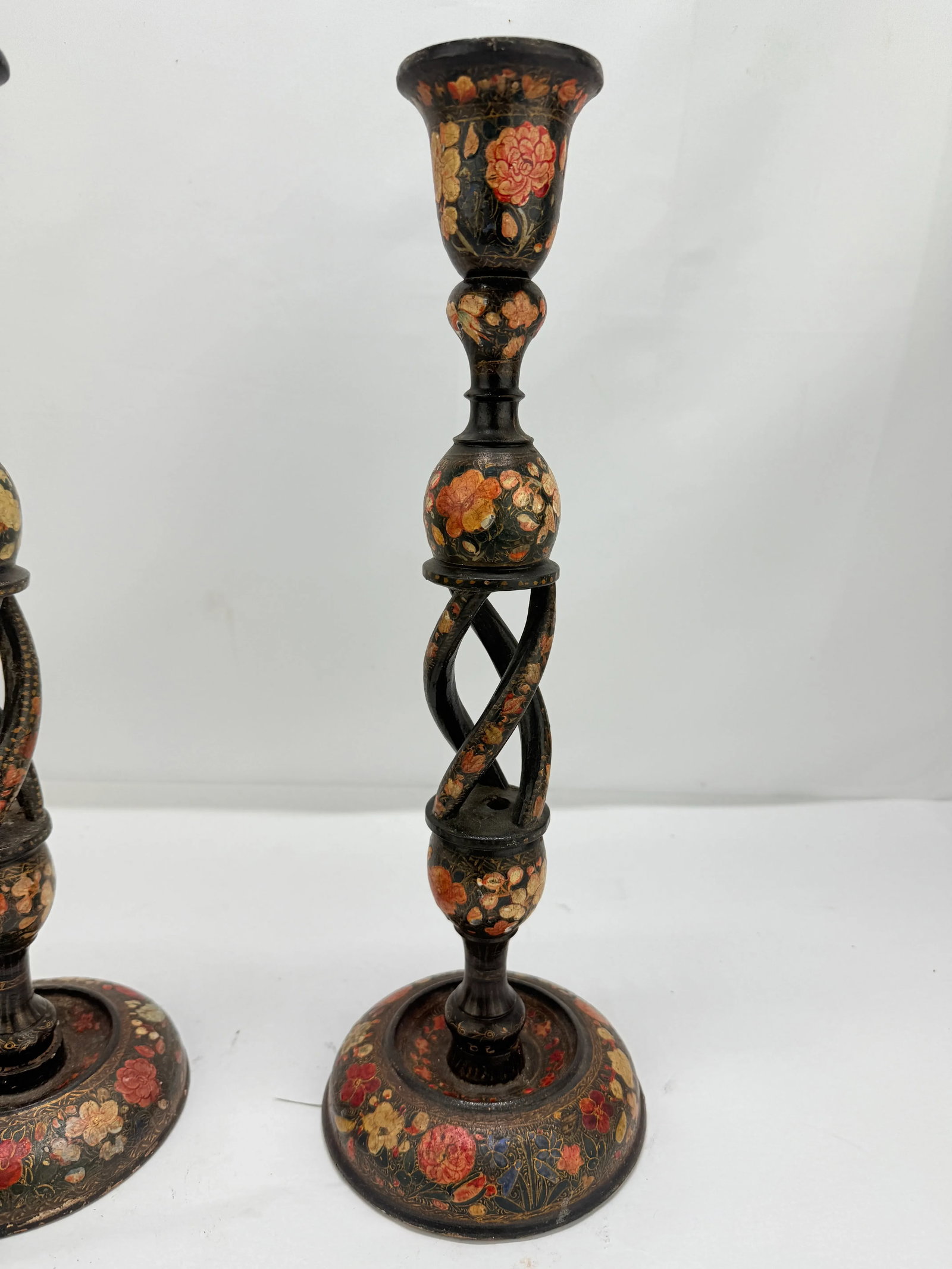 Pair, Antique Kashmiri Barley Twist Polychrome Decorated Candlesticks 16" - 8