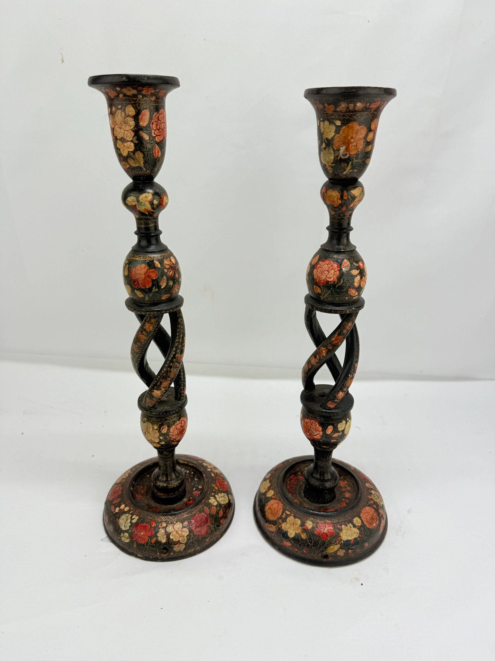 Pair, Antique Kashmiri Barley Twist Polychrome Decorated Candlesticks 16" - 9