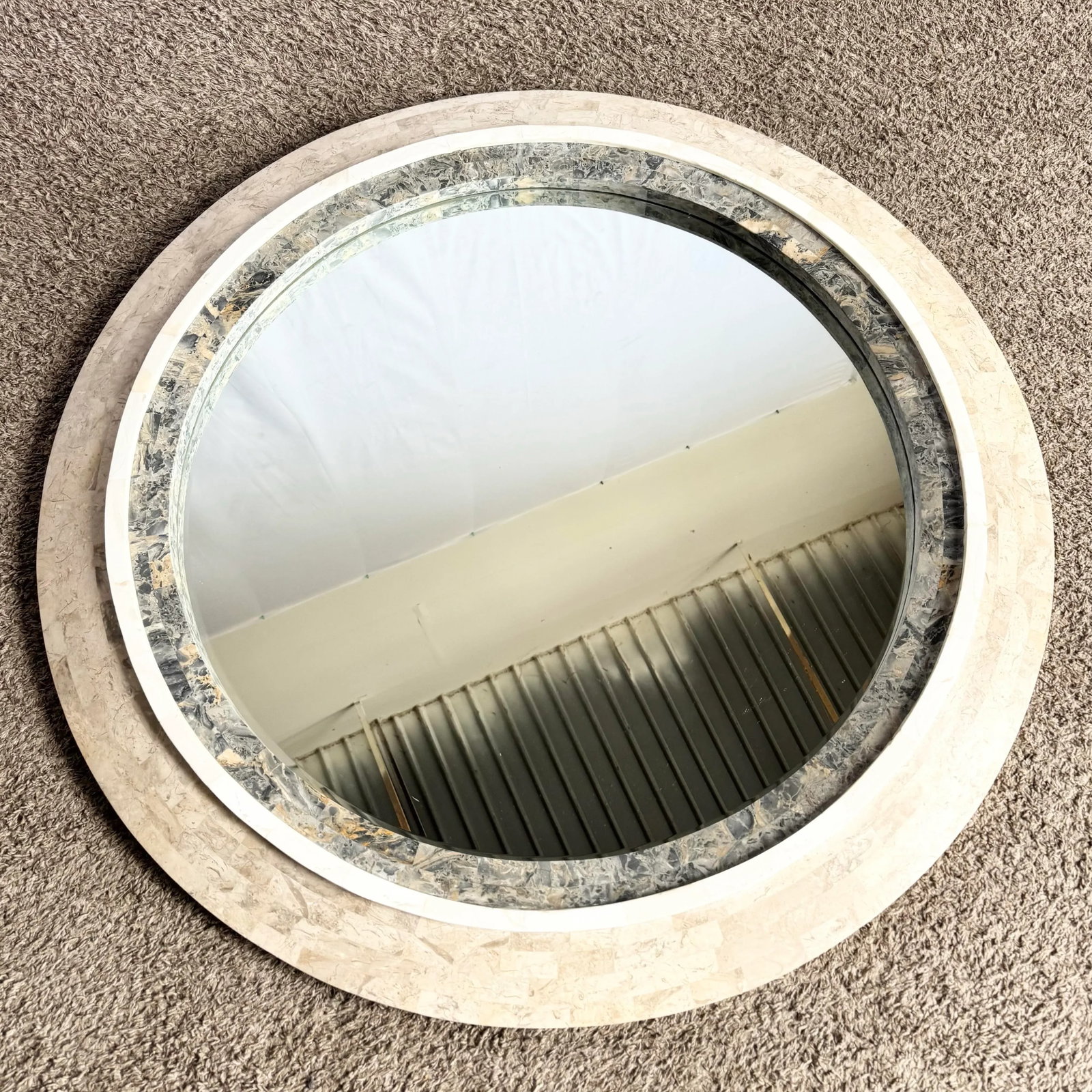 Postmodern Grey White and Tan Tessellated Stone Circular Wall Mirror - 2