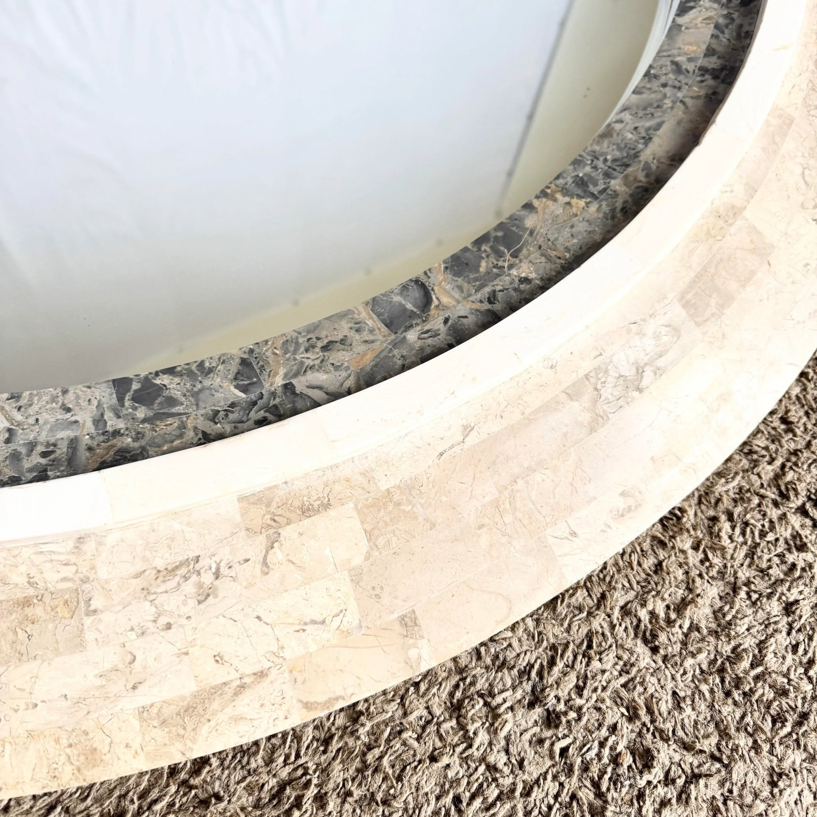 Postmodern Grey White and Tan Tessellated Stone Circular Wall Mirror - 3