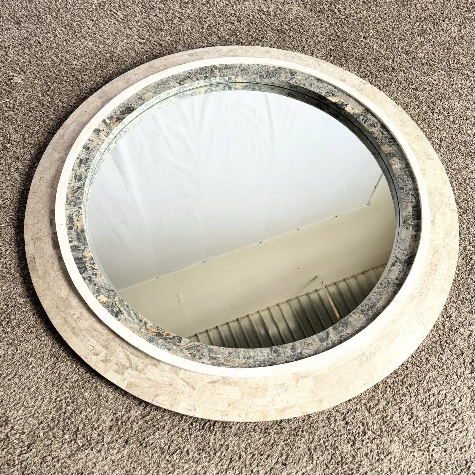 Postmodern Grey White and Tan Tessellated Stone Circular Wall Mirror - 4