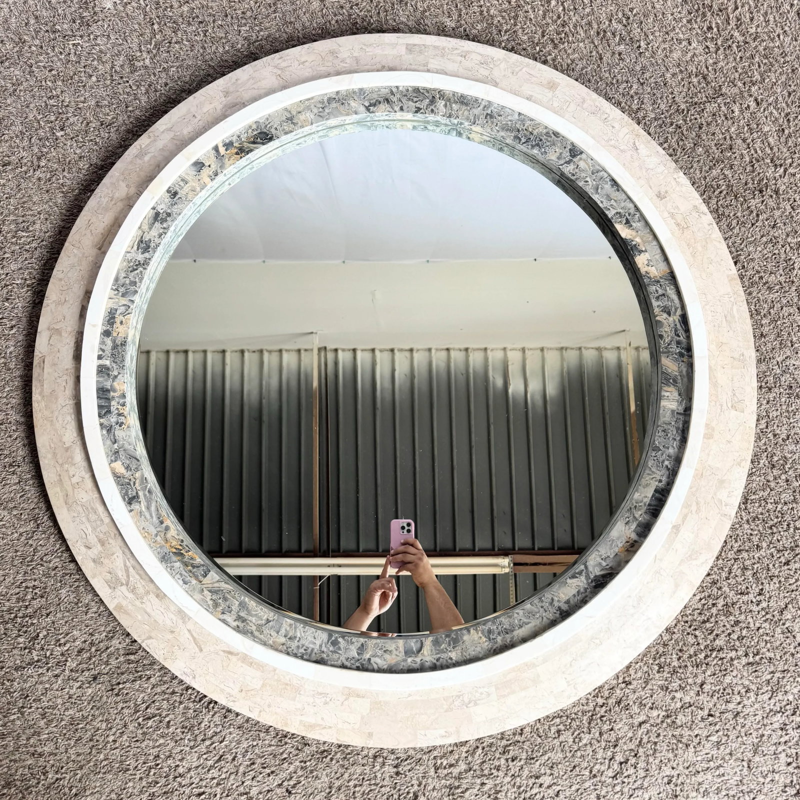 Postmodern Grey White and Tan Tessellated Stone Circular Wall Mirror - 5
