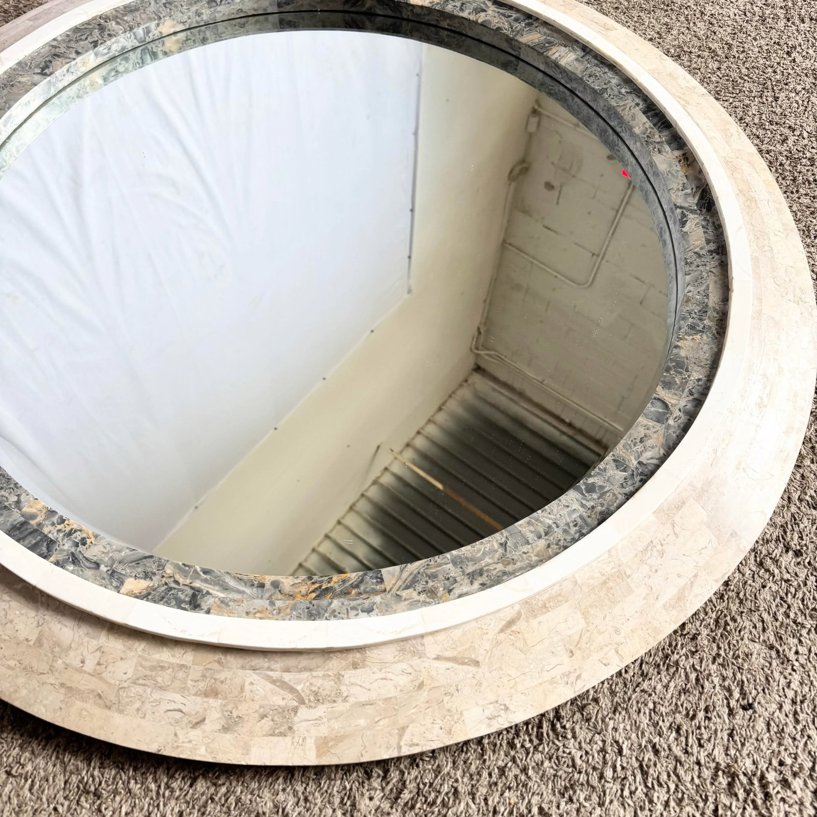 Postmodern Grey White and Tan Tessellated Stone Circular Wall Mirror - 6