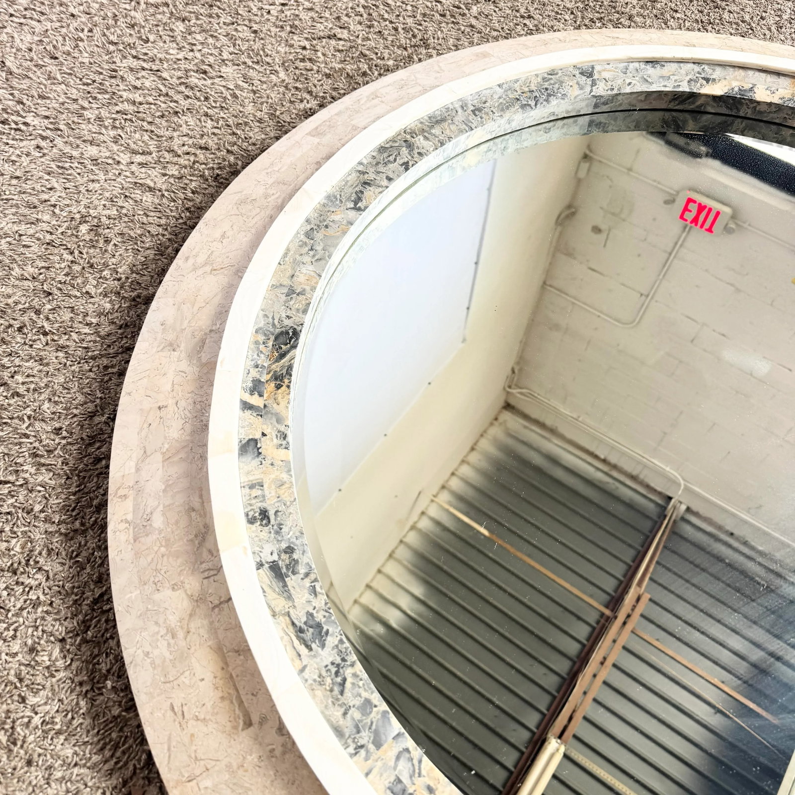 Postmodern Grey White and Tan Tessellated Stone Circular Wall Mirror - 8