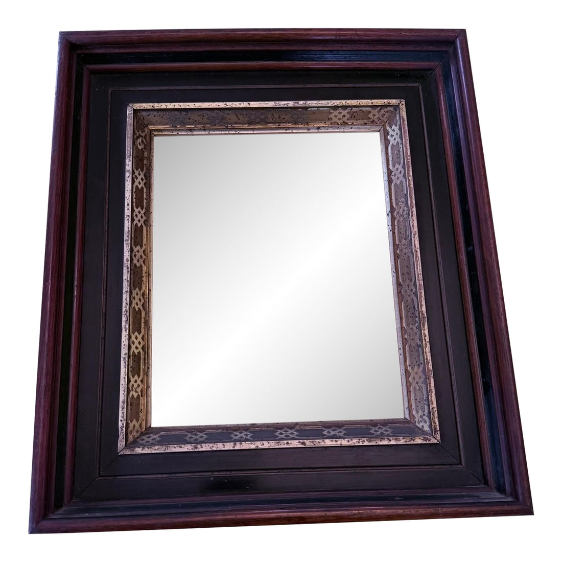 Early 20th-Century American Walnut Mirror With Gold-Gilt Frame: Early 20th-Century American walnut wall mirror with a narrow gold-gilt molded frame - warm walnut grain meets subtle gilt trim for a refined, timeless look. Age-appropriate surface wear adds