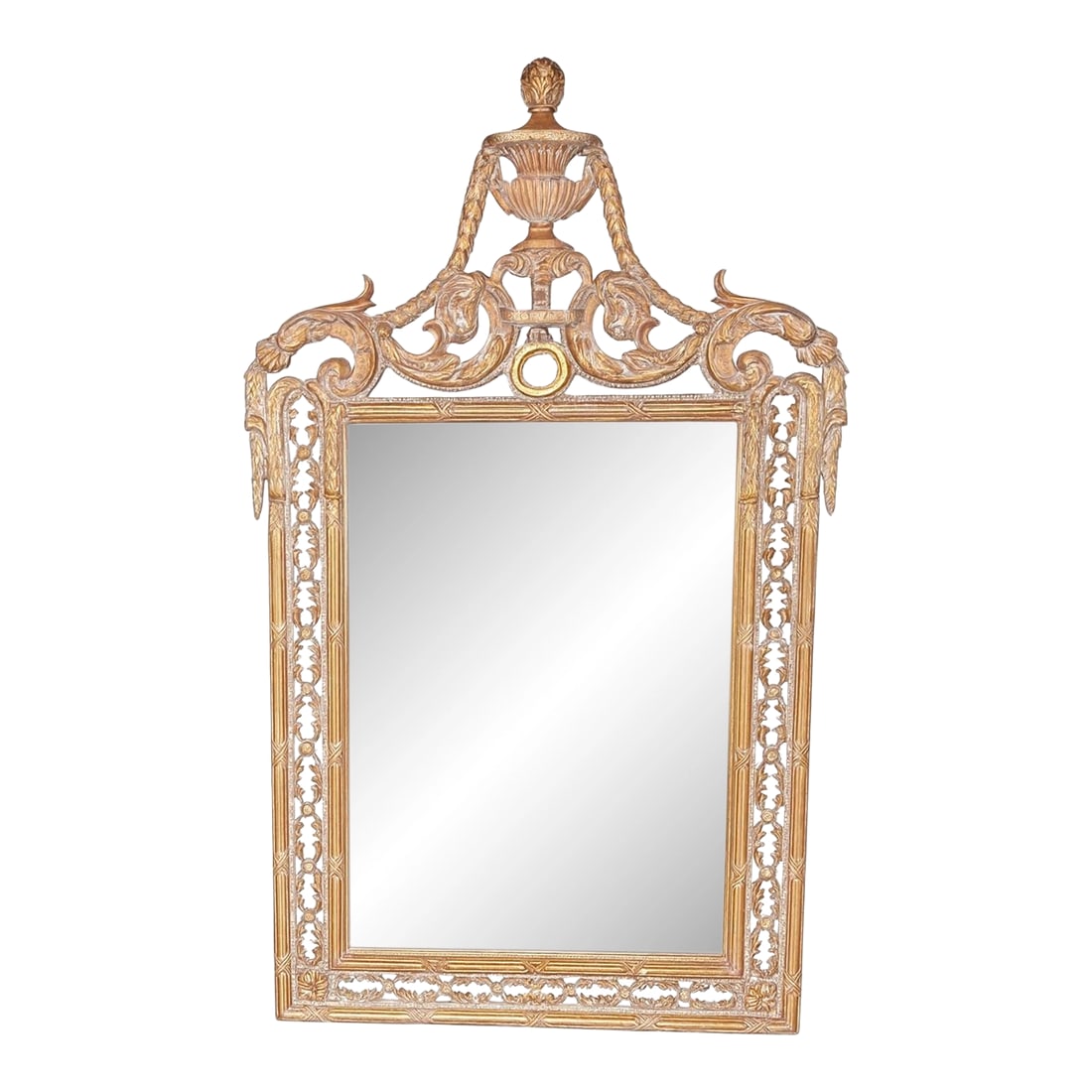 Louis XVI Giltwood Mirror With Urn Crest & Pierced Ribbonwork - 56'' Neoclassical Elegance: An exquisite Louis XVI-style giltwood trumeau mirror featuring a sculptural urn crest, elegant pierced ribbonwork, and refined Neoclassical carvings throughout. At 56 inches tall, this substantial