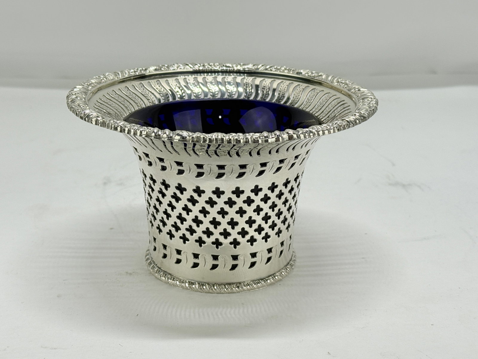Mid 20th Century English Barker Ellis Silverplate Openwork & Cobalt Glass Lined Vessel - 2
