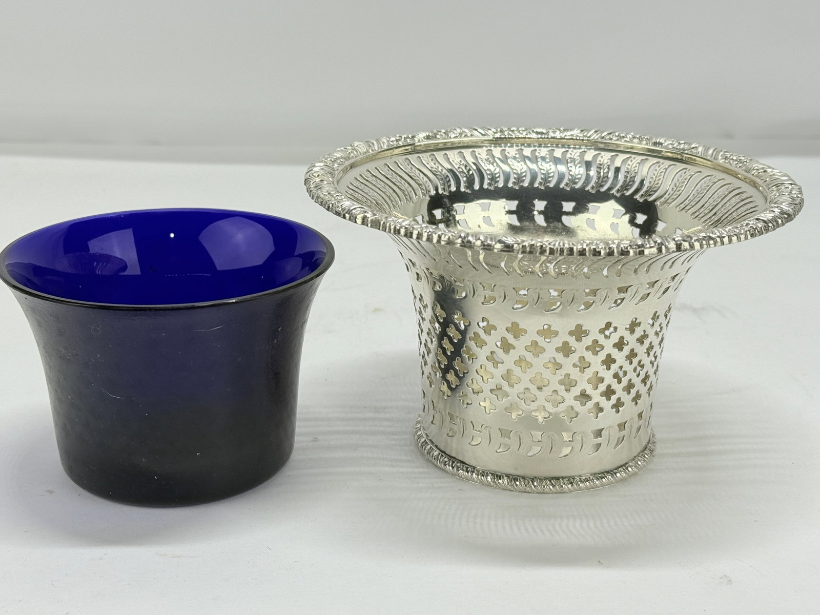 Mid 20th Century English Barker Ellis Silverplate Openwork & Cobalt Glass Lined Vessel - 5