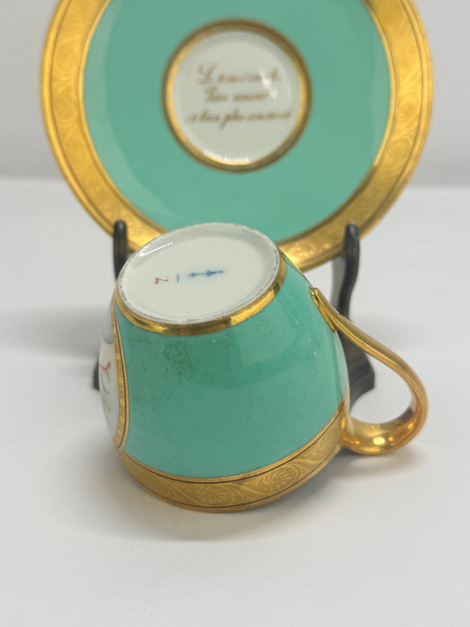 KPM Berlin Turquoise "Love Message" Cup & Saucer With Gilt, C. 1860-80 - 9