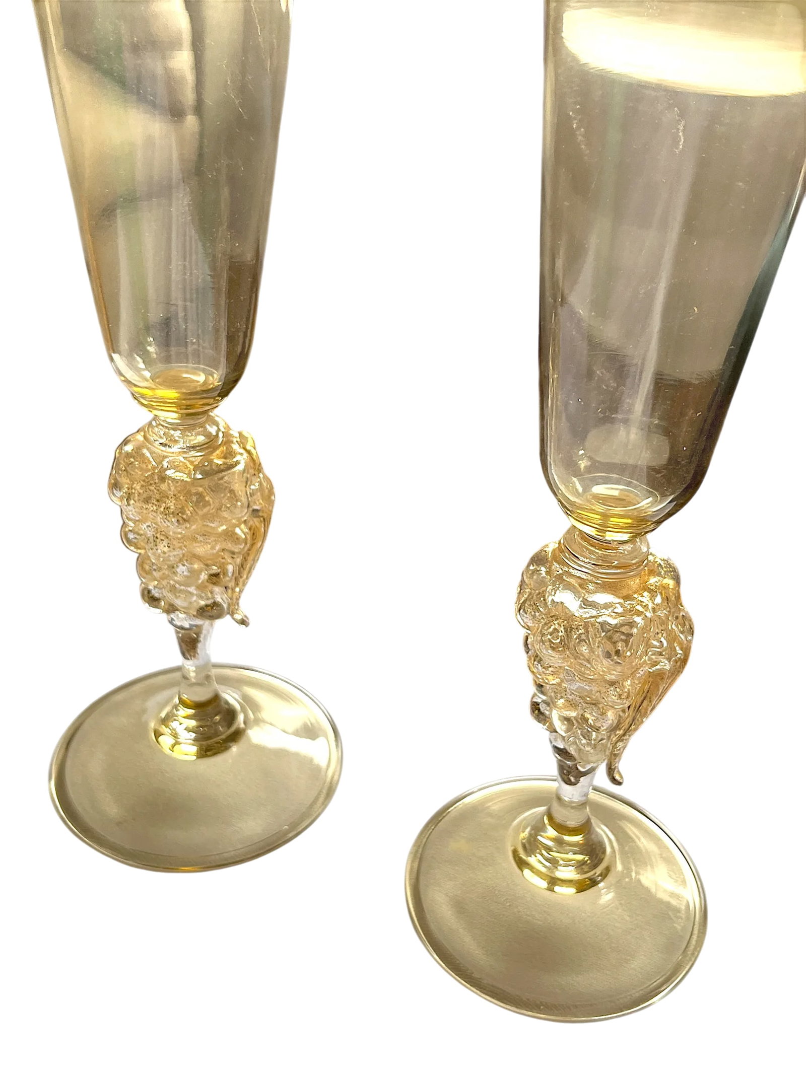 Vintage 1970s Signed Nason Moretti Murano Champagne Flutes With Grape Cluster Stems Gold Infused - A - 2