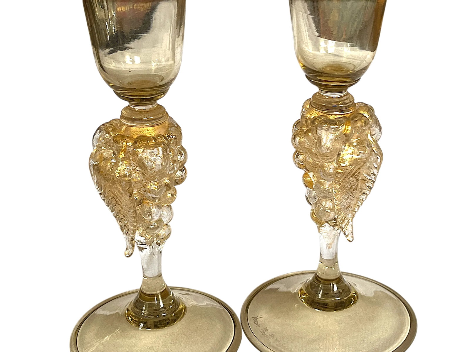 Vintage 1970s Signed Nason Moretti Murano Champagne Flutes With Grape Cluster Stems Gold Infused - A - 3