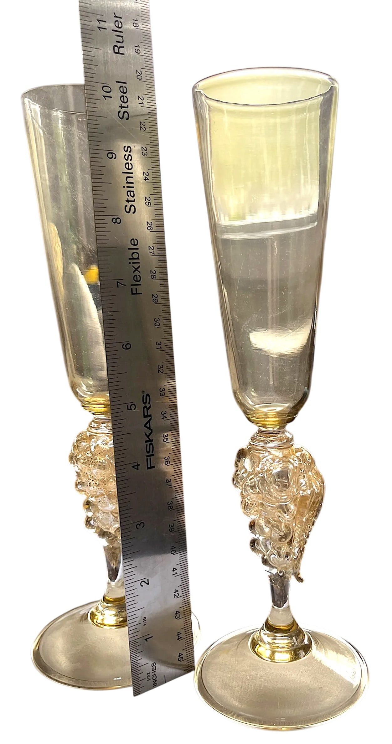 Vintage 1970s Signed Nason Moretti Murano Champagne Flutes With Grape Cluster Stems Gold Infused - A - 8