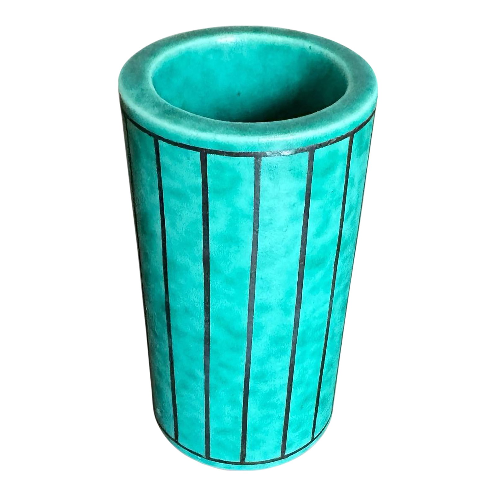 1940s Wilhelm Kage for Gustavsberg Floral "Argenta" Teal Stoneware Bud Vase or Pen Holder, Sweden: This stunning ceramic turquoise vase has applied designs of vertical stripes and was designed by Wilhelm Kage for Gustavsberg Sweden. Hallmarked on the bottom in the stoneware: "Gustavsberg Argenta