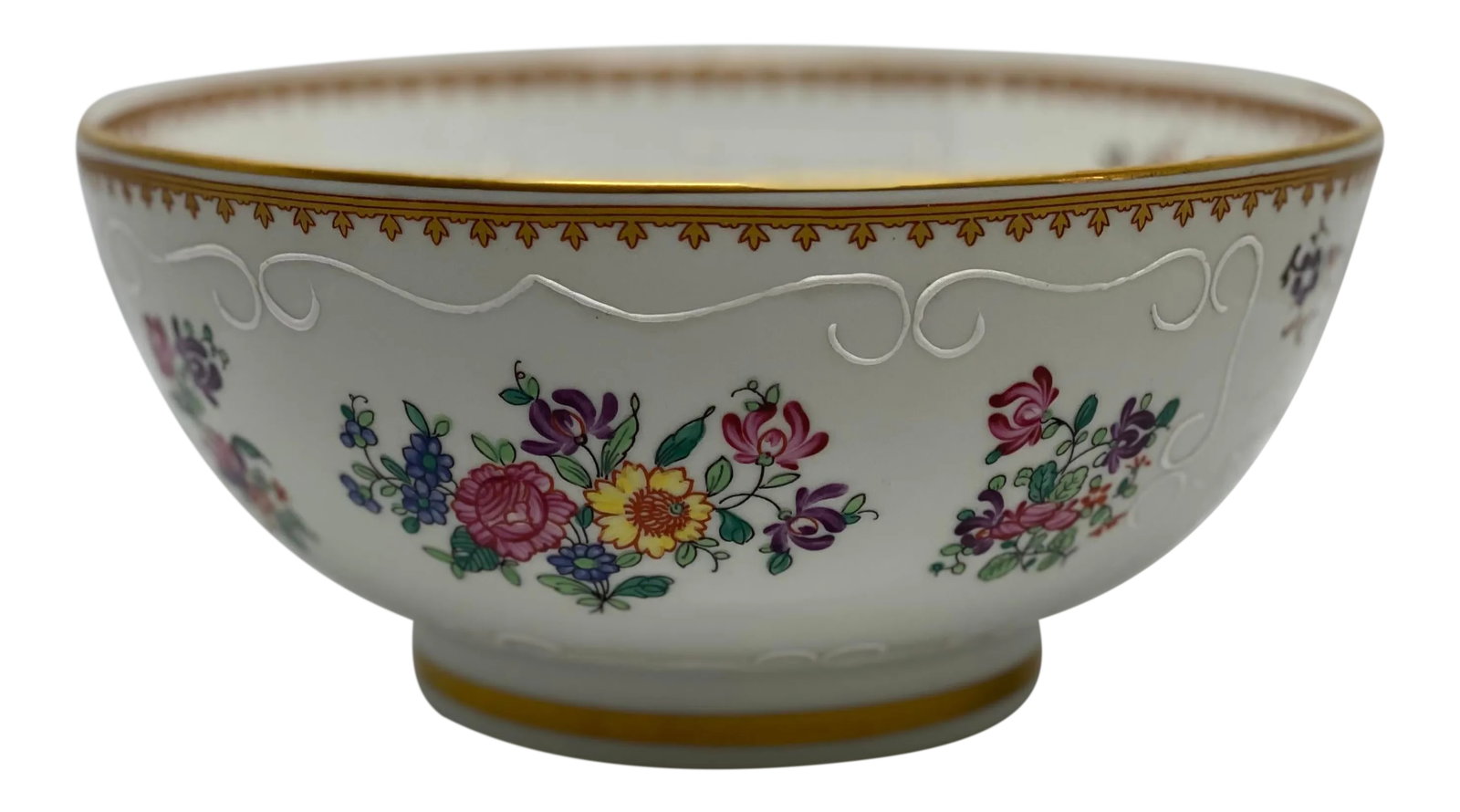 Mid 20th Century French Sperabo Porcelain Floral & Fruit Bowl: Beautiful French Coat of Arms Porcelain Bowl from an Atlanta, Georgia area estate. This floral and fruit design bowl has gold rings around the top and bottom of the bowl. The Coat of Arms says