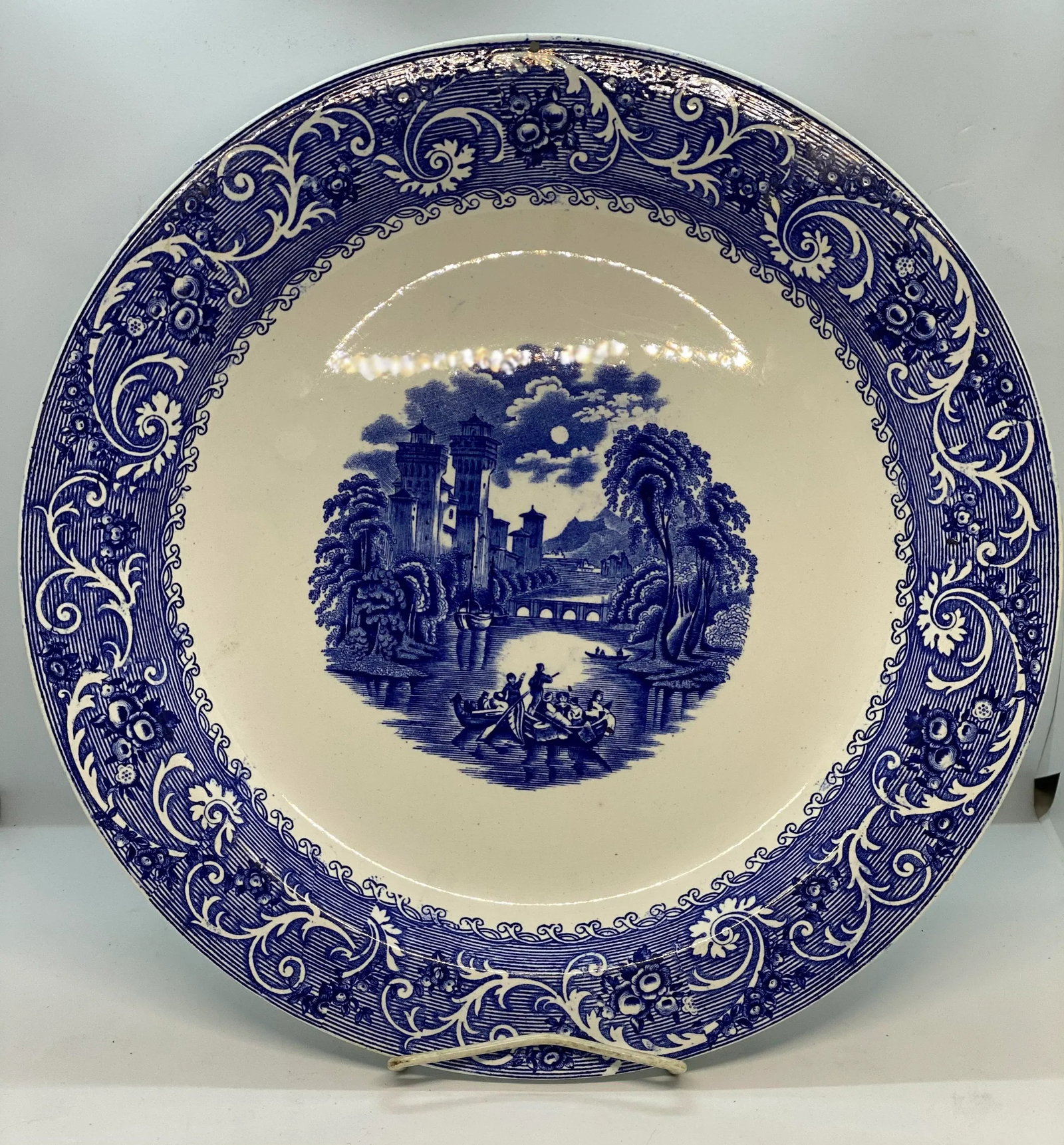 Antique Late 19th Century Ridgways Blue & White "Rhine" Transferware Chop Plate - 11