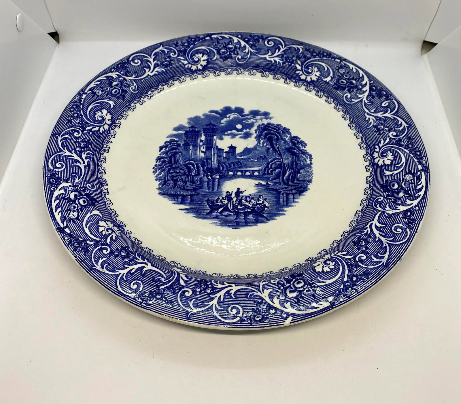 Antique Late 19th Century Ridgways Blue & White "Rhine" Transferware Chop Plate - 13