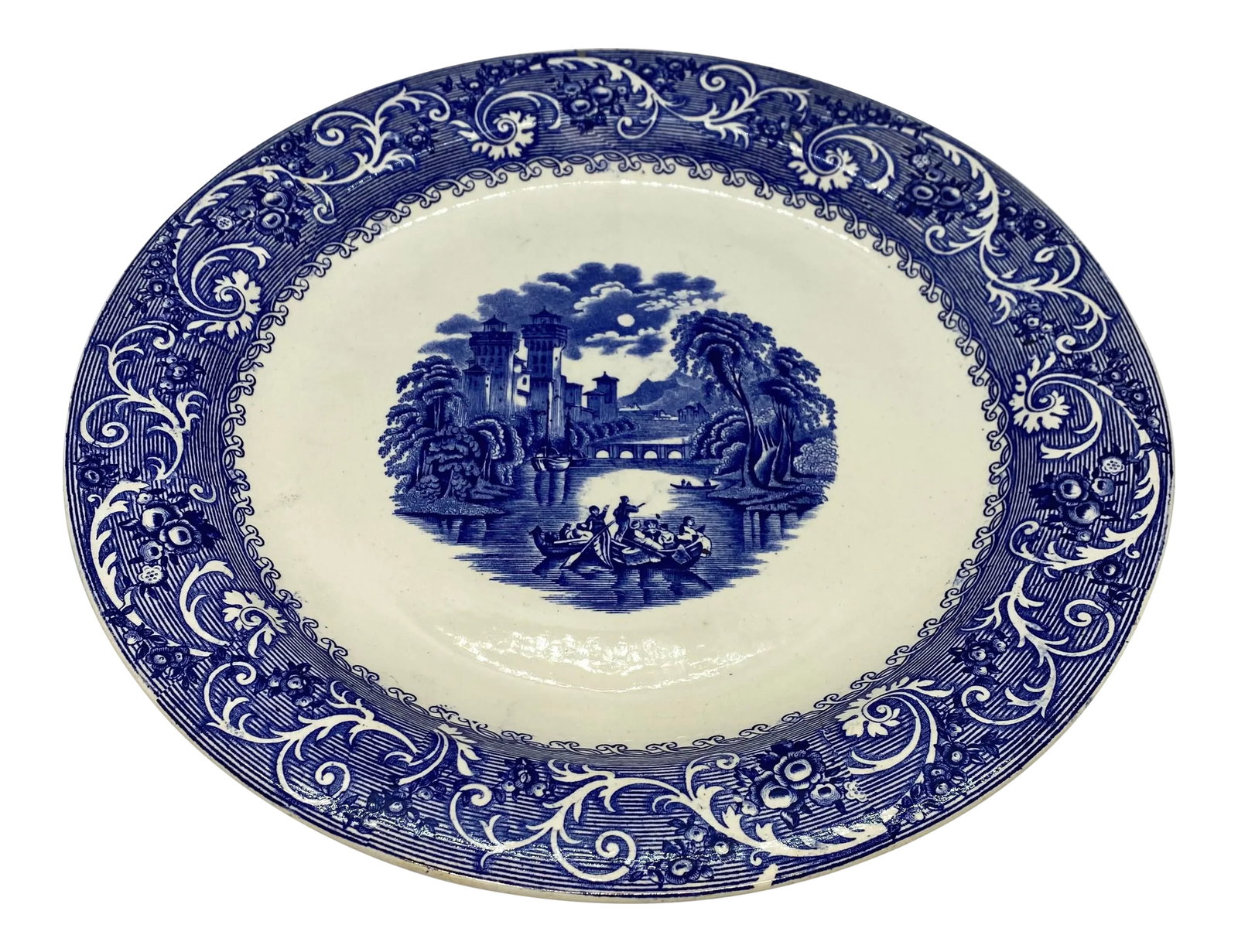 Antique Late 19th Century Ridgways Blue & White "Rhine" Transferware Chop Plate (1 of 13)