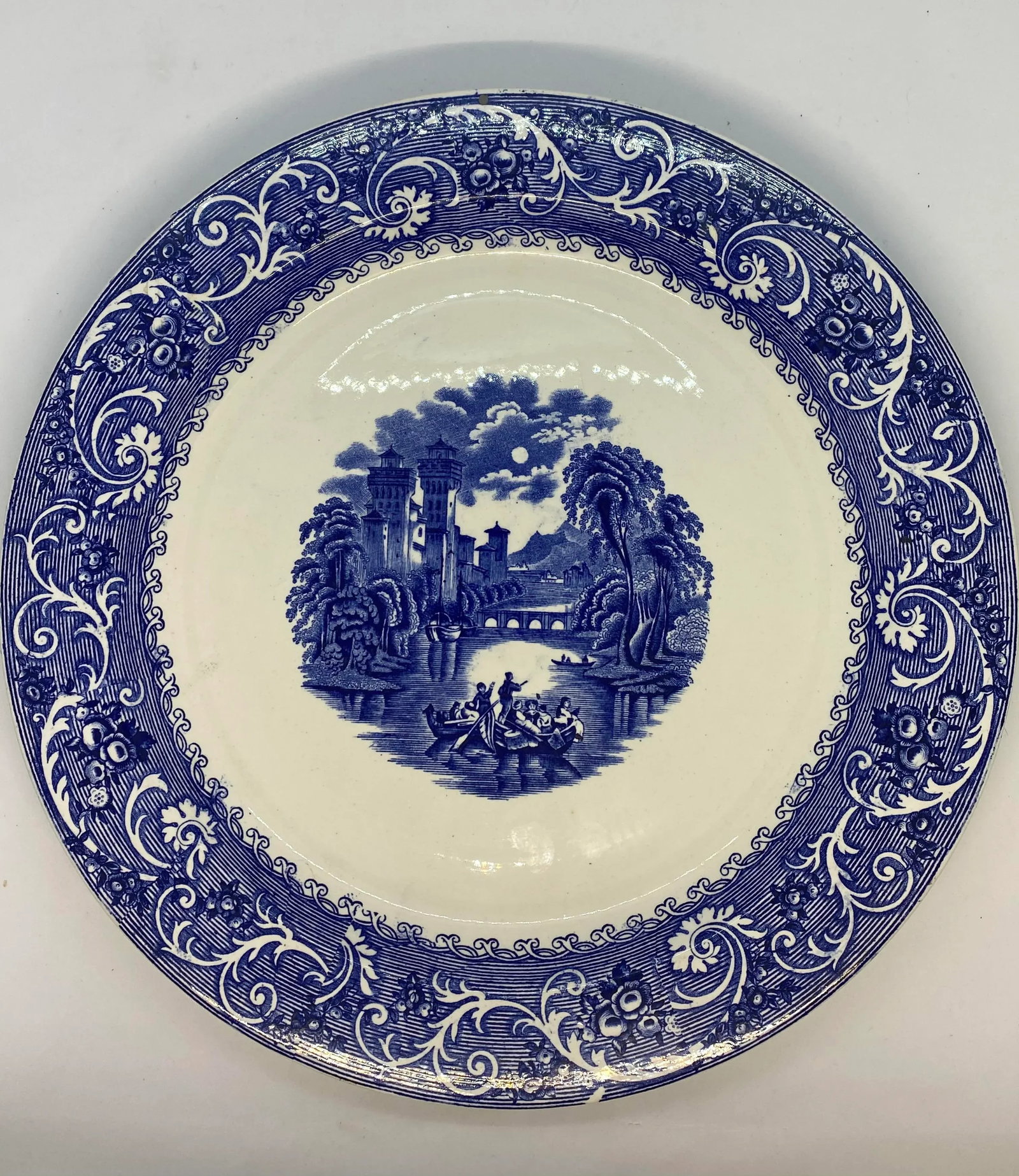 Antique Late 19th Century Ridgways Blue & White "Rhine" Transferware Chop Plate - 4